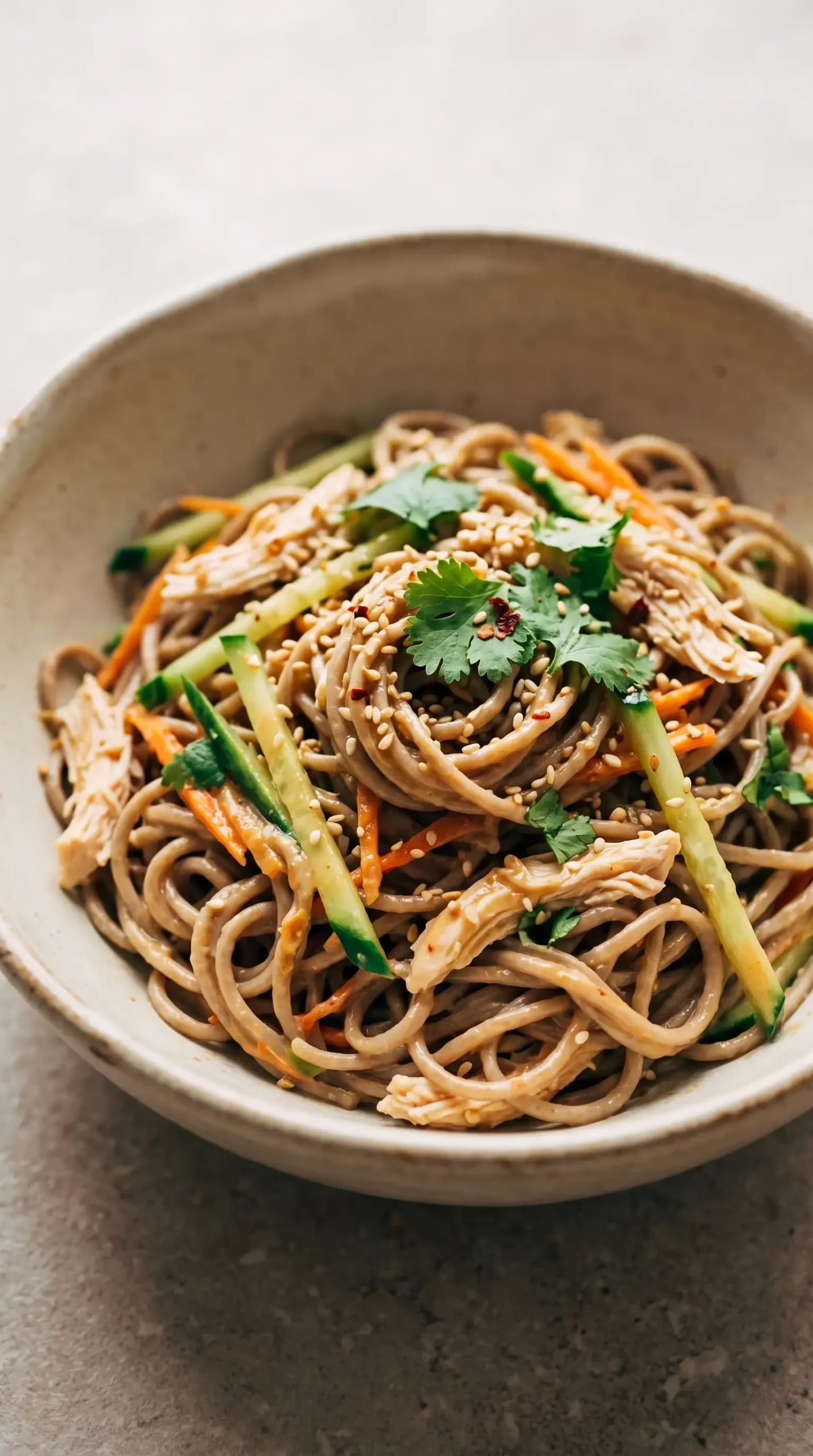 Sesame noodle bowl with shredded chicken, soba noodles, carrots, cucumber, and peanut sesame sauce