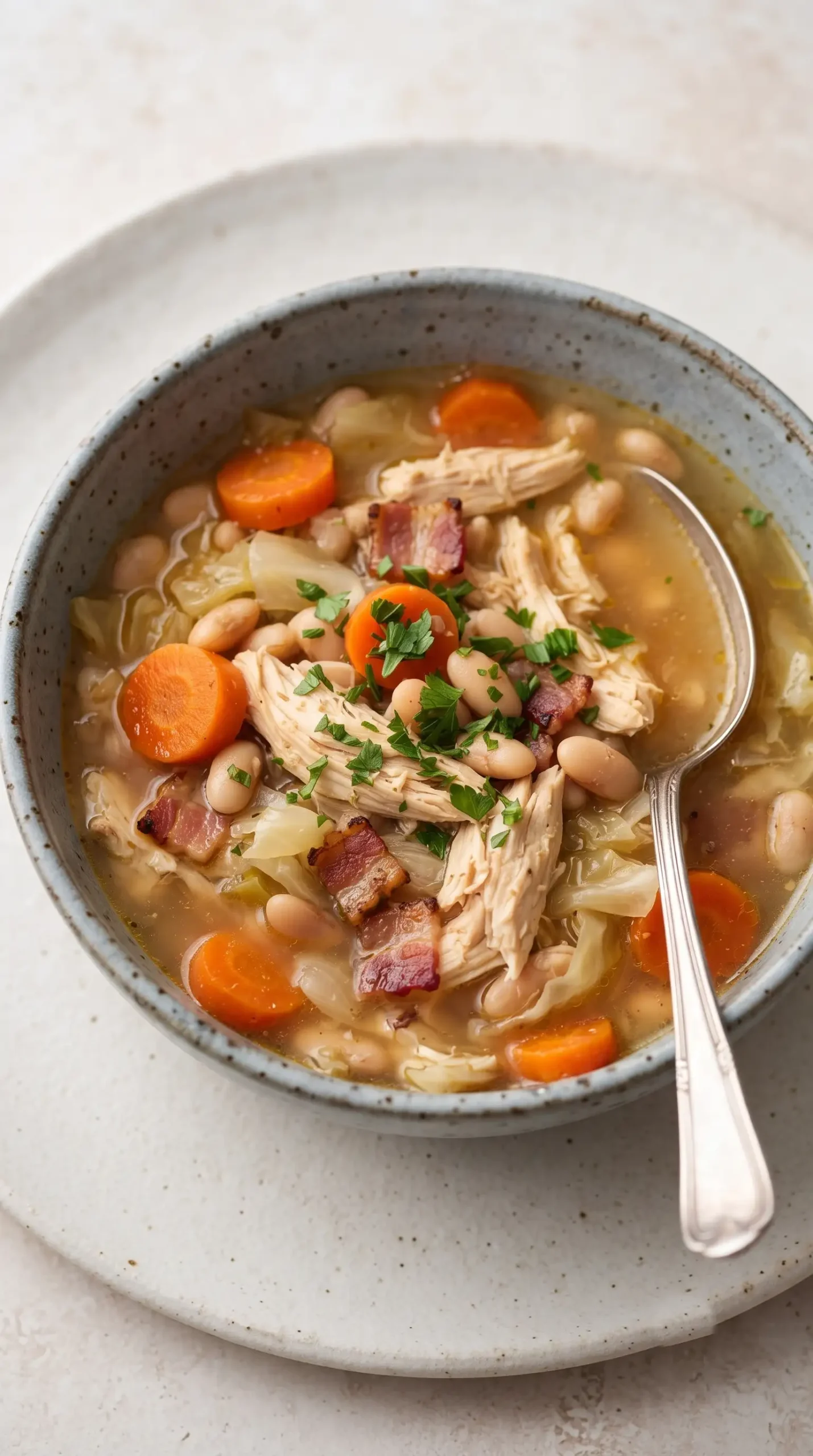 Bowl of chicken stew with navy beans, carrots, cabbage, bacon, and fresh parsley