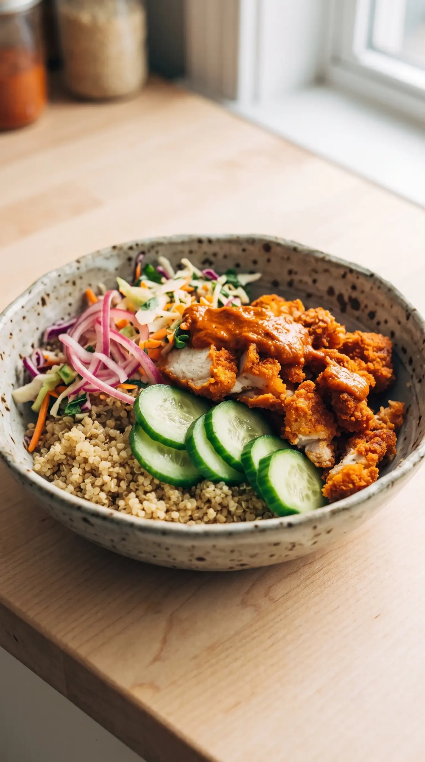 Crispy chicken tikka bowl layered with quinoa, slaw, cucumber, and tikka sauce