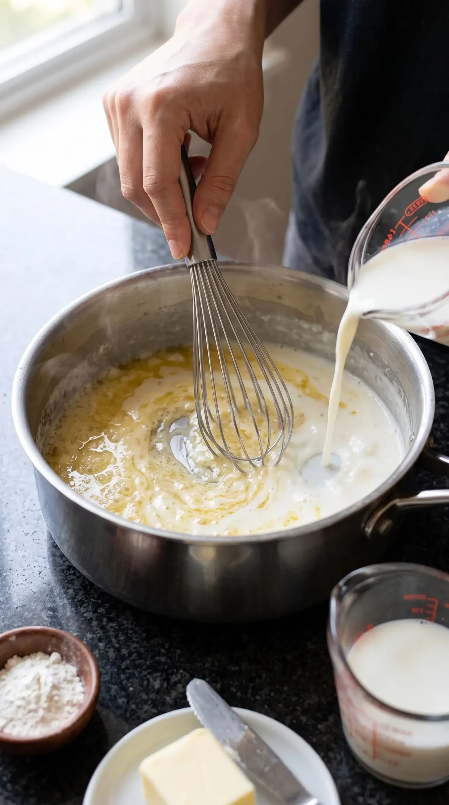 Bechamel base for chicken wild rice soup with roux, milk, saucepan, and whisk