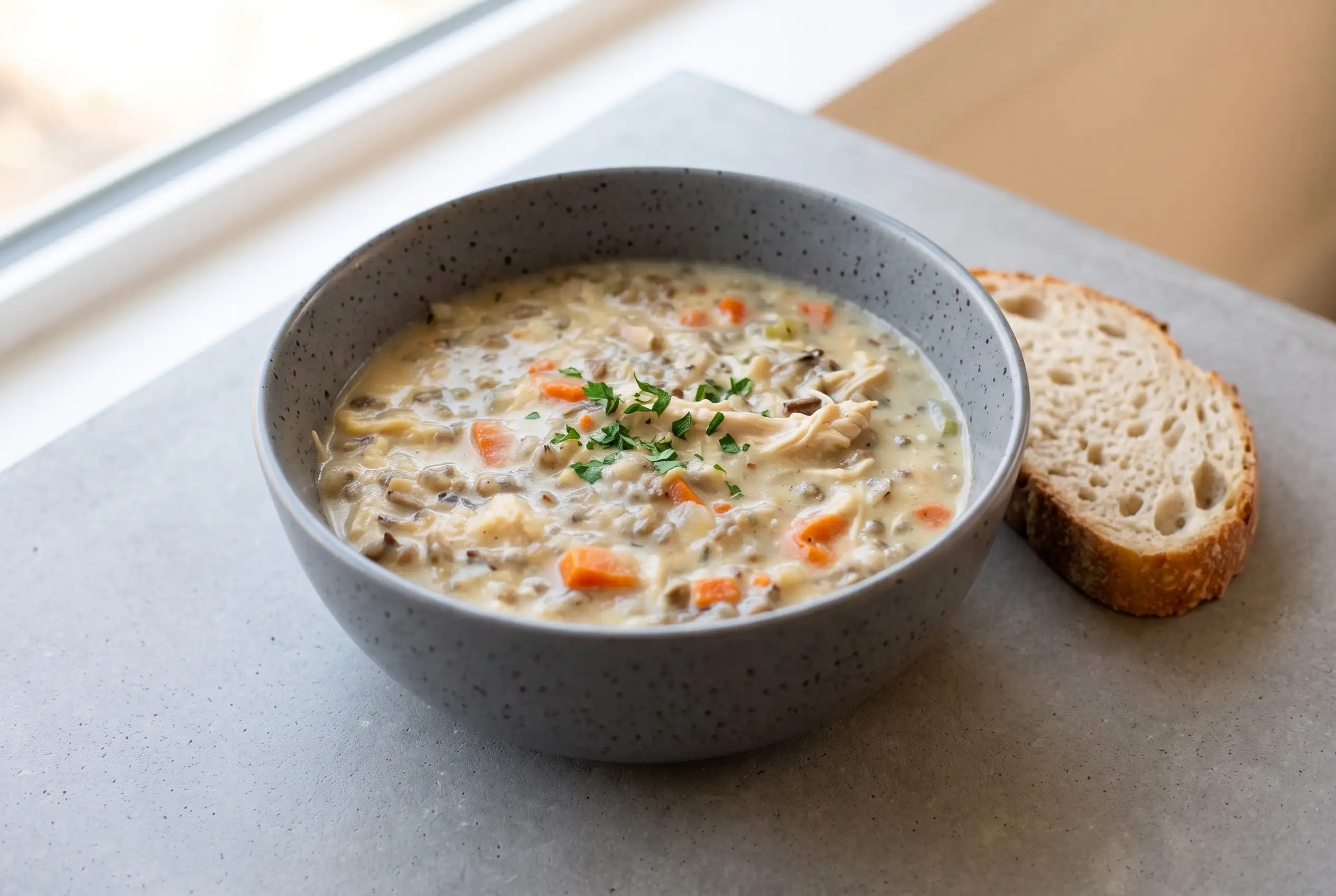 Creamy chicken wild rice soup with shredded chicken, vegetables, herbs, and bread in a bowl