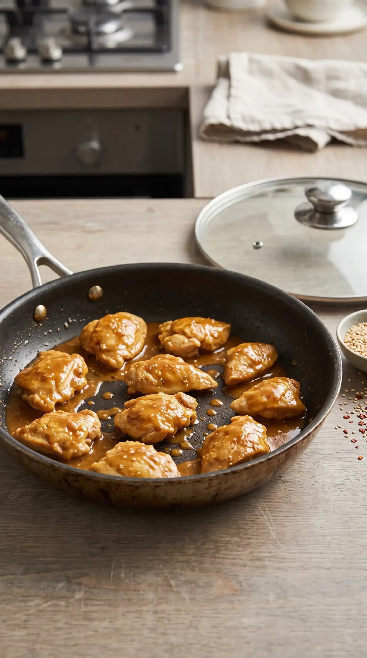 Chicken pieces finishing in a skillet with peanut sesame sauce for noodle bowls