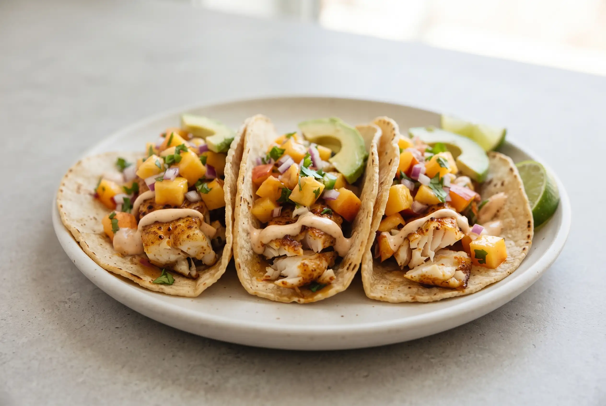 Chili Lime Fish Tacos with Peach Salsa Chili lime fish tacos with peach salsa, flaky fish, creamy sauce, and lime wedges