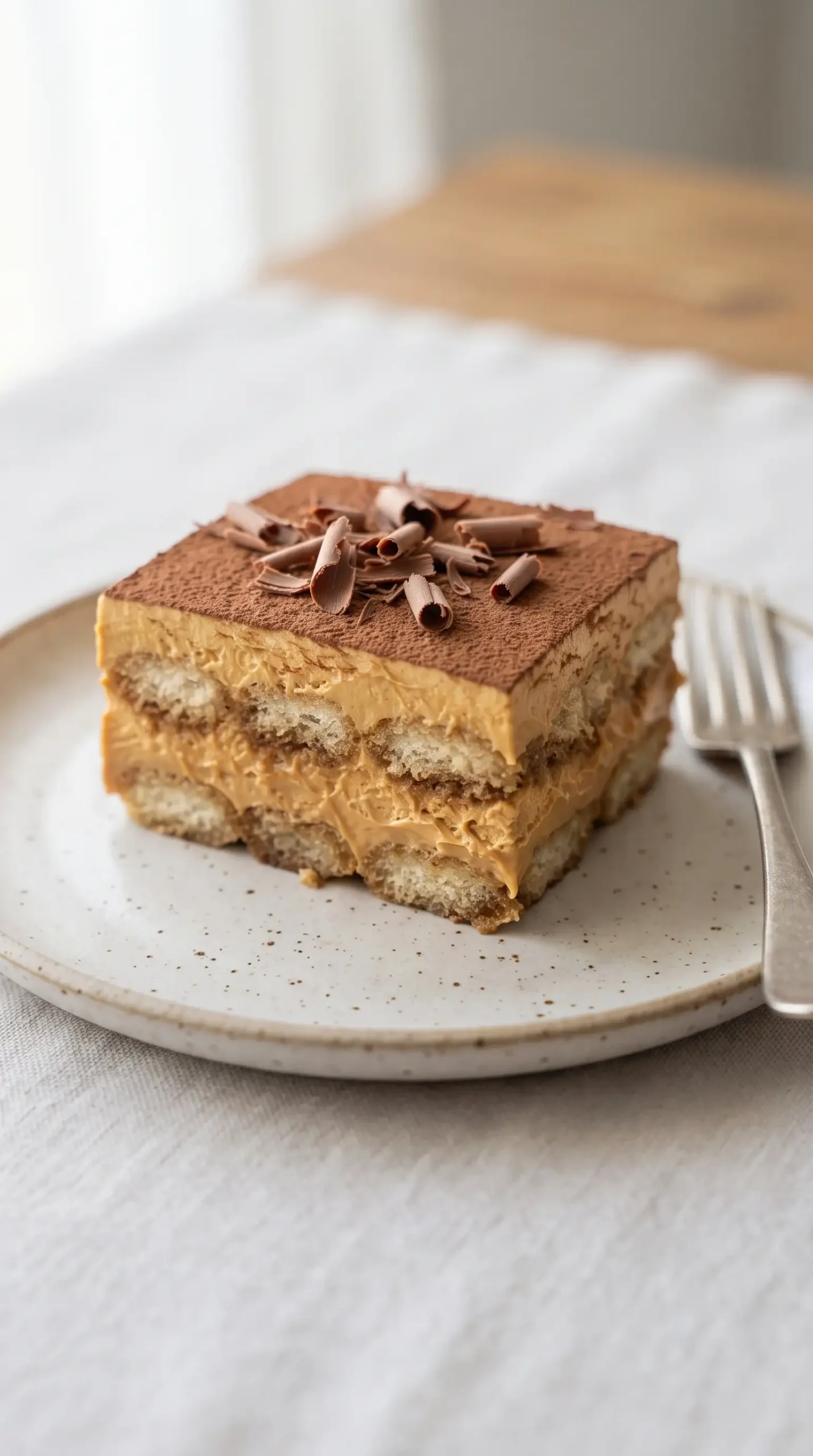 Chilled dulce de leche tiramisu slice with creamy layers, cocoa powder, and chocolate shavings