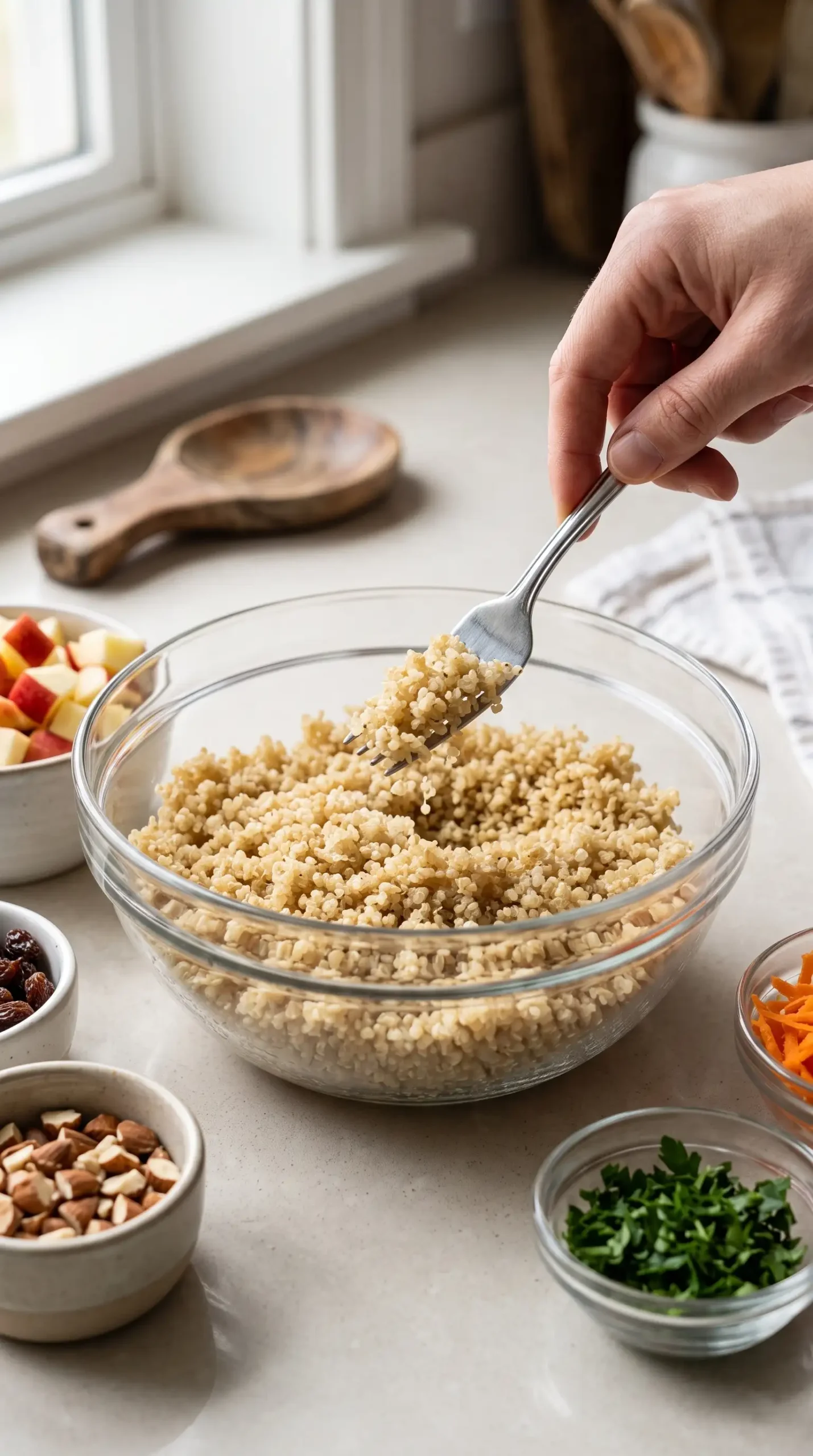 Chilled quinoa grains being fluffed in a glass bowl for apple quinoa salad preparation