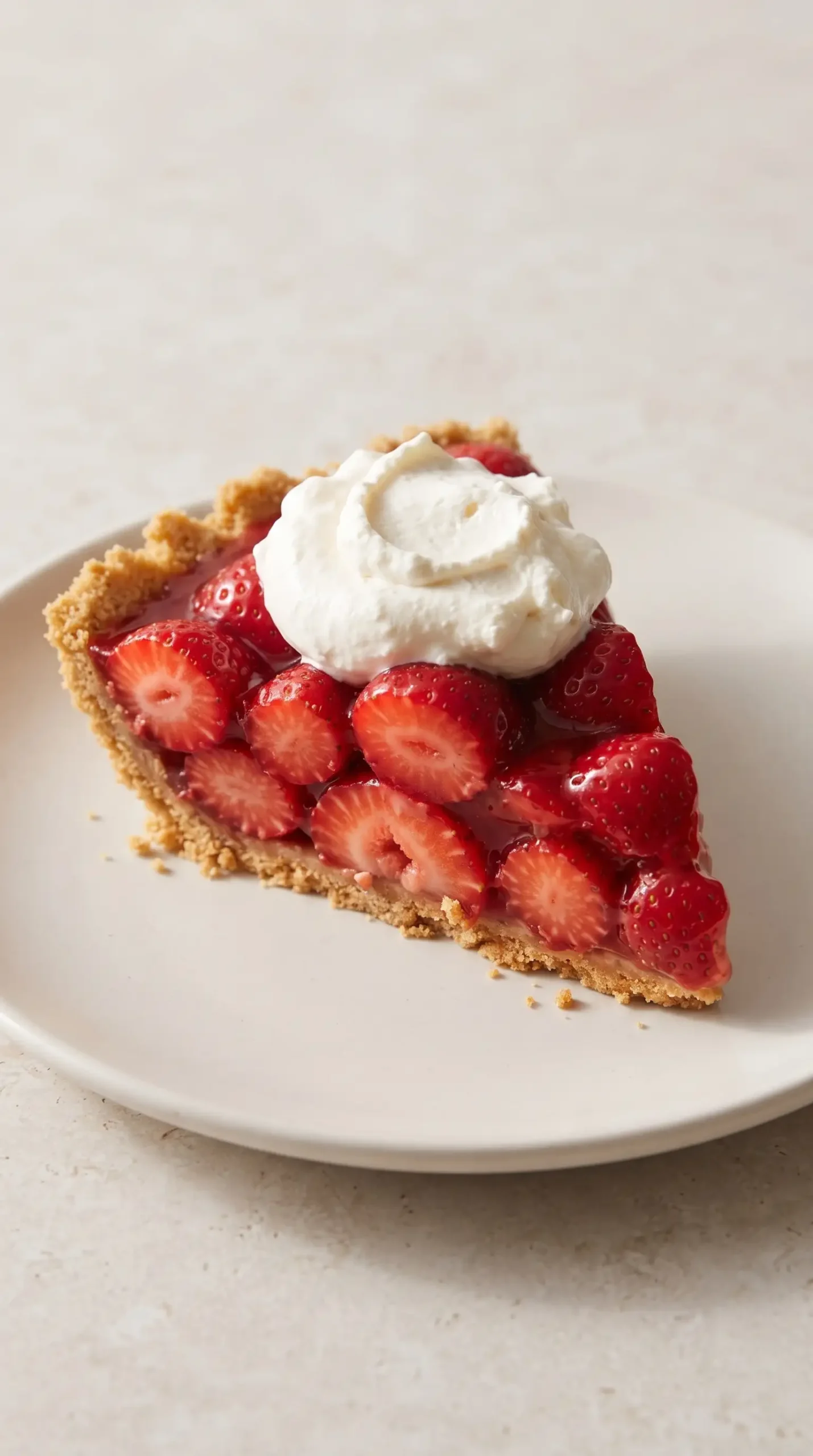 Chilled strawberry pie slice with graham cracker crust, glossy berries, and whipped cream cheese topping