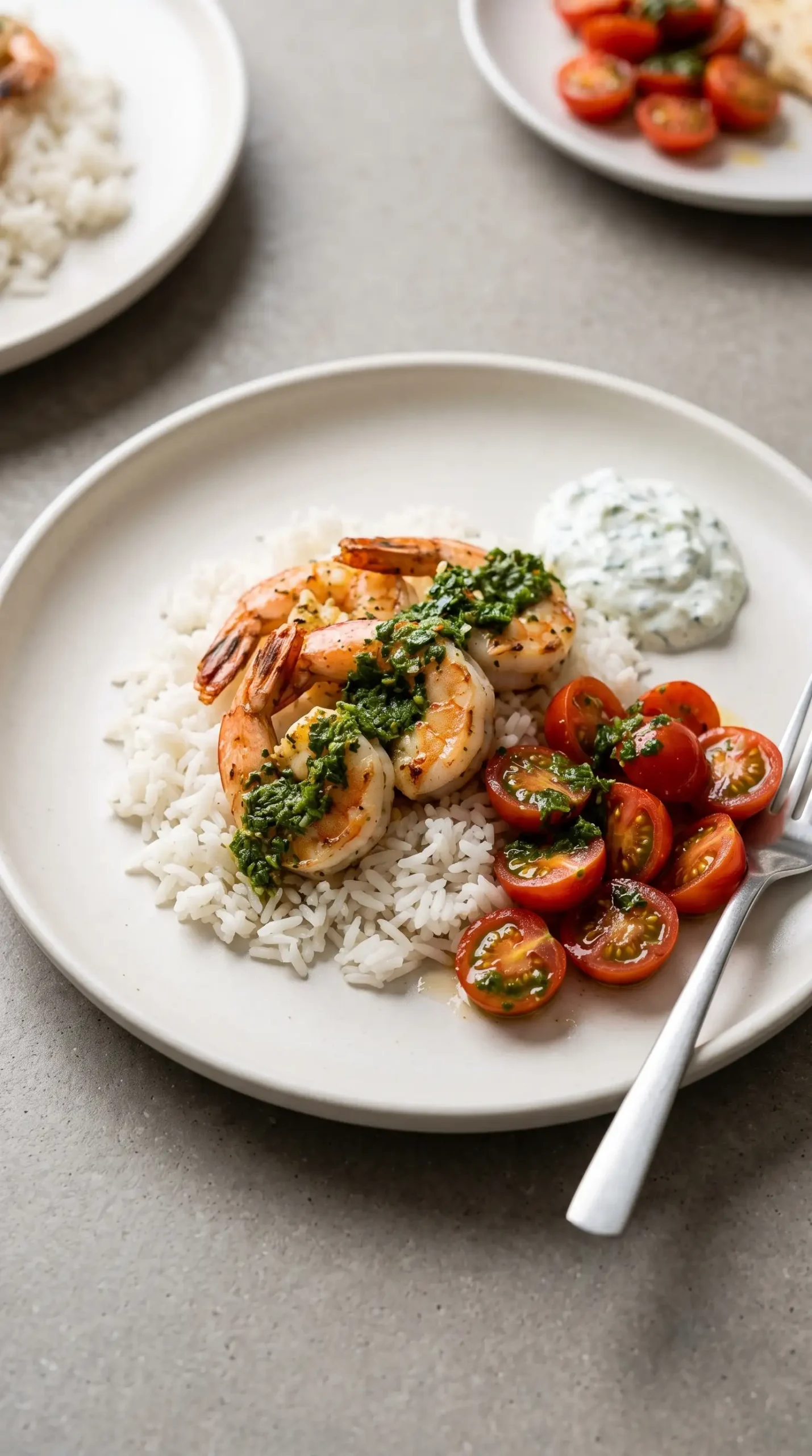 Finished chimichurri shrimp served with rice, tomatoes, and tzatziki