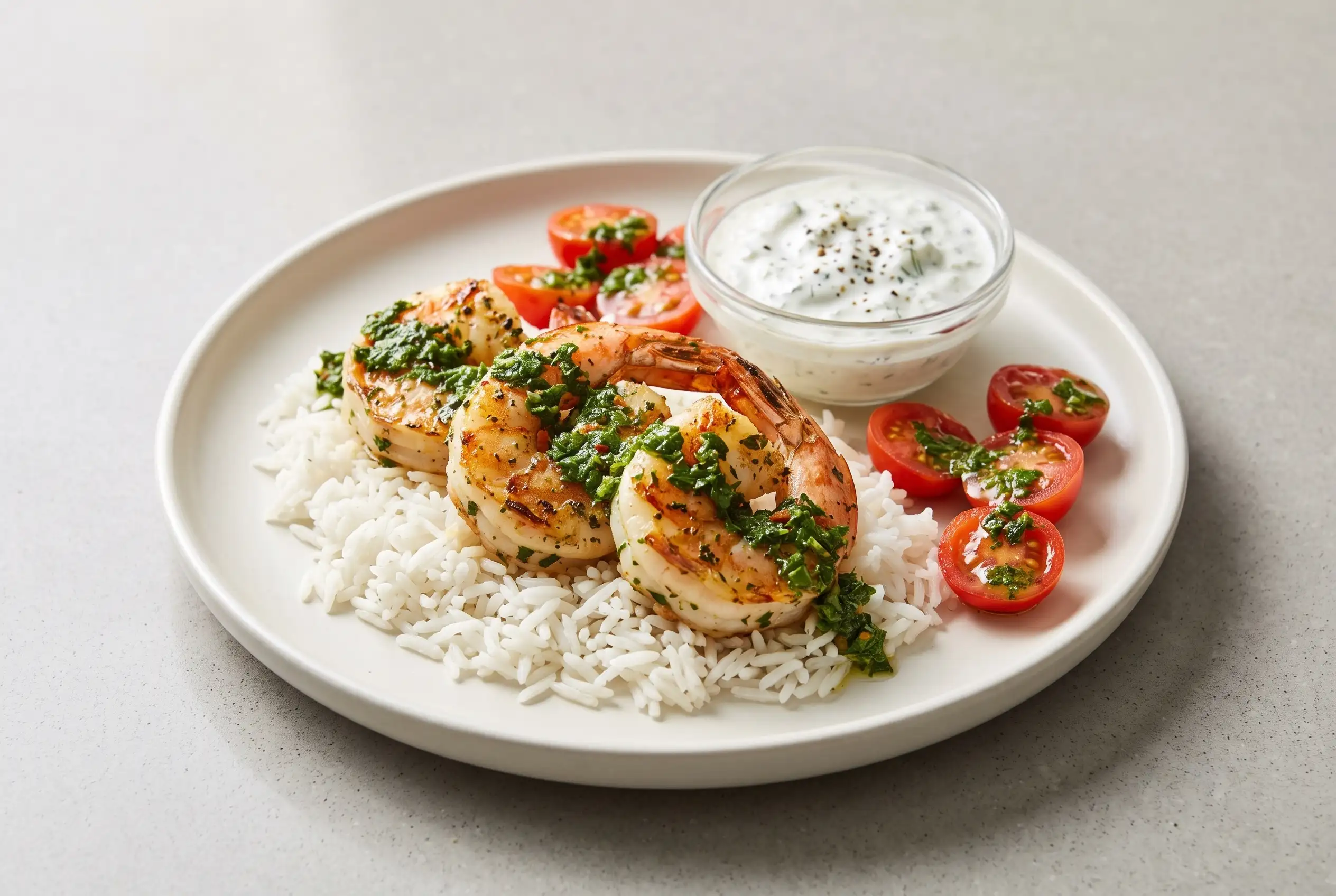 Chimichurri shrimp with rice, tzatziki, and tomatoes on a plate