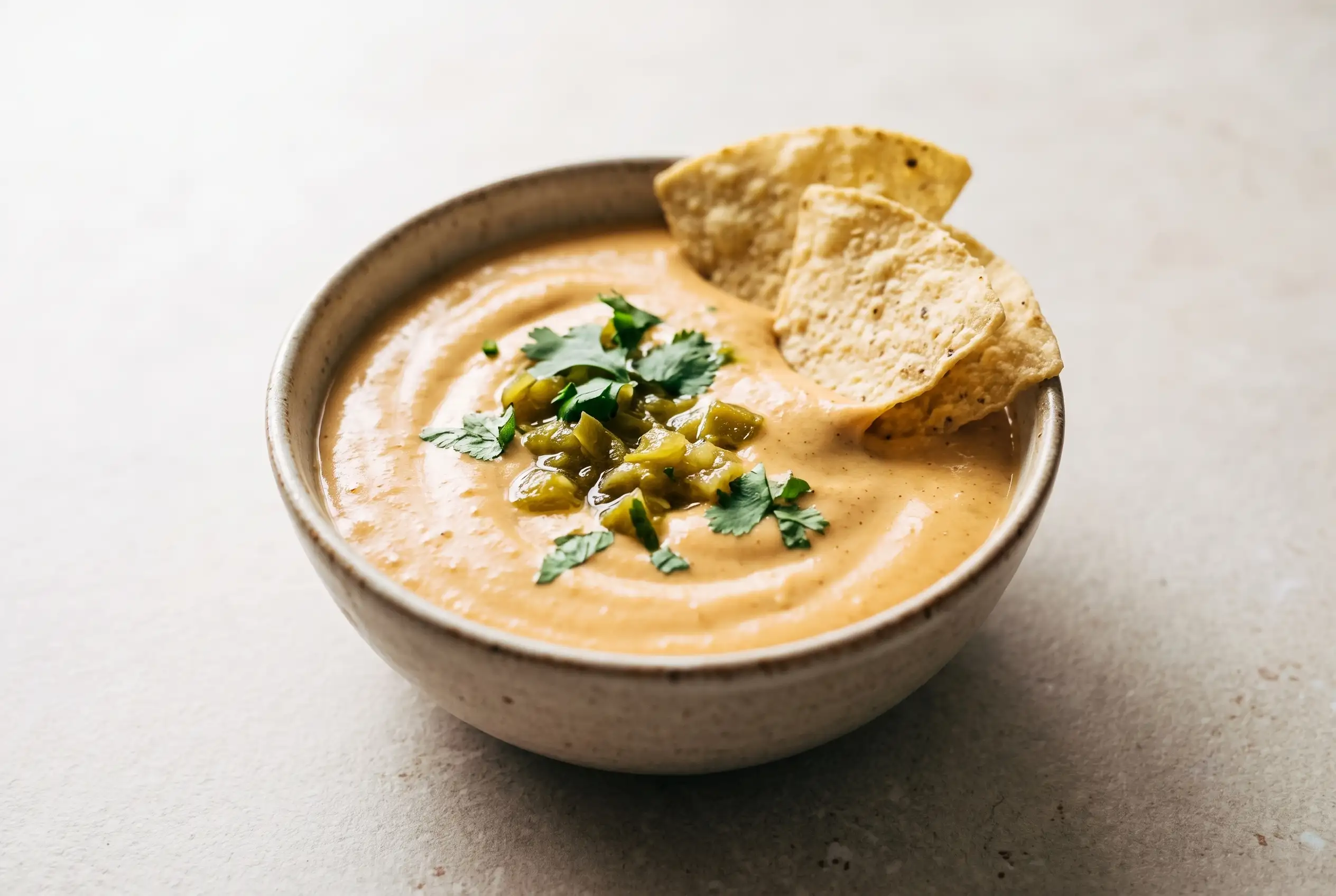 Chipotle cashew queso dairy-free sauce with green chiles in a bowl with tortilla chips