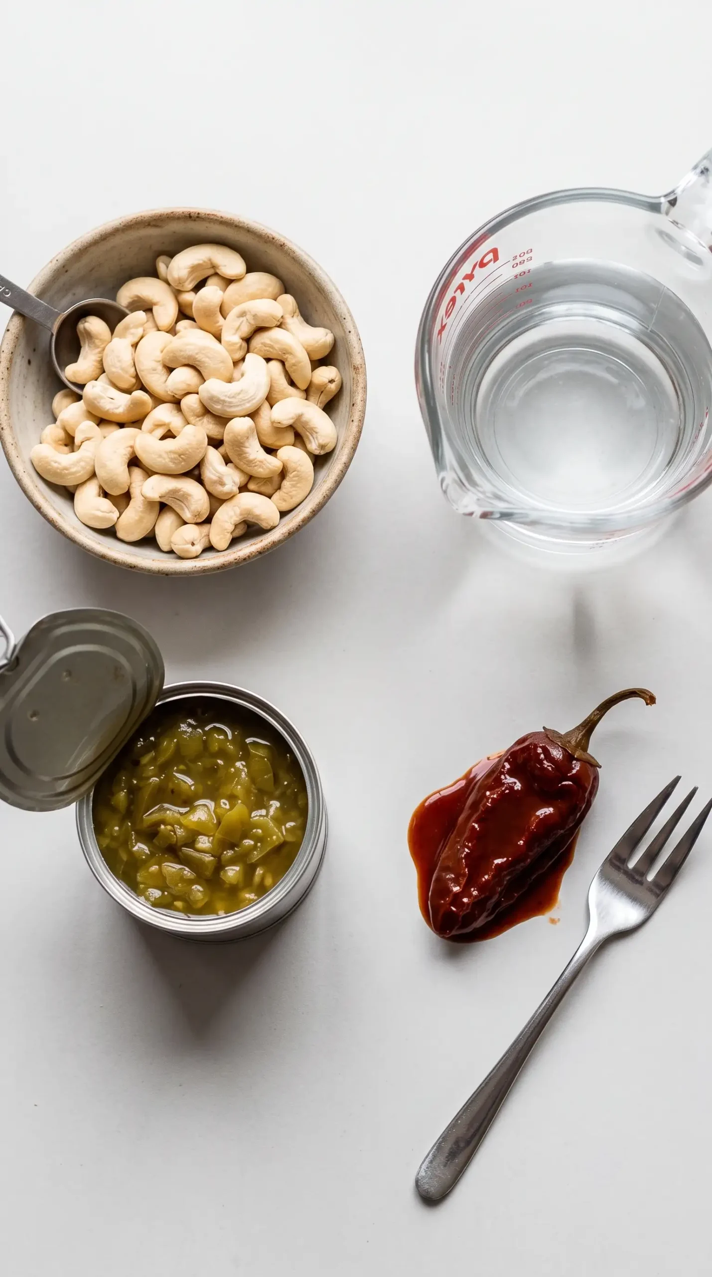Cashews, green chiles, chipotle pepper, and ingredients for cashew queso