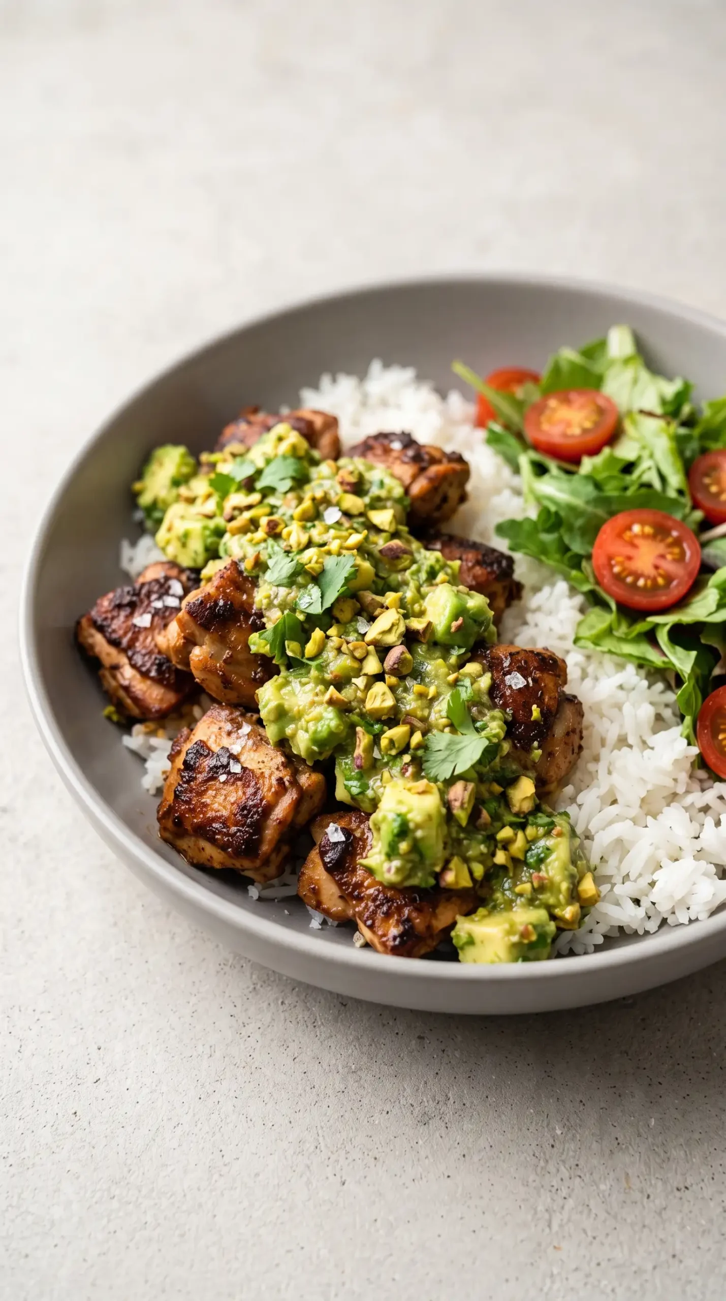 Chipotle chicken bowl topped with pistachio sauce, avocado, rice, and salad