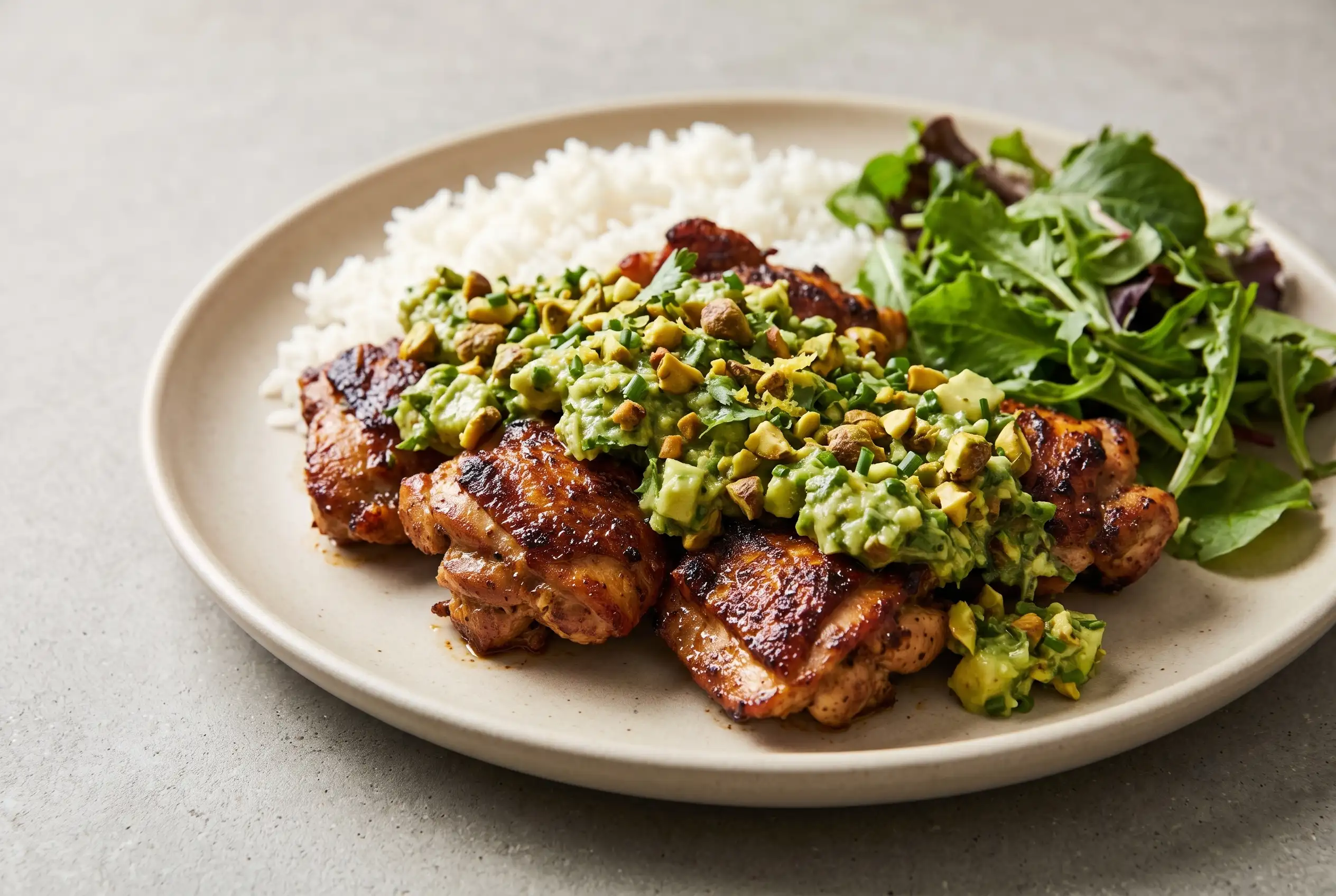 Chipotle chicken with chunky pistachio sauce and avocado served with rice and fresh salad