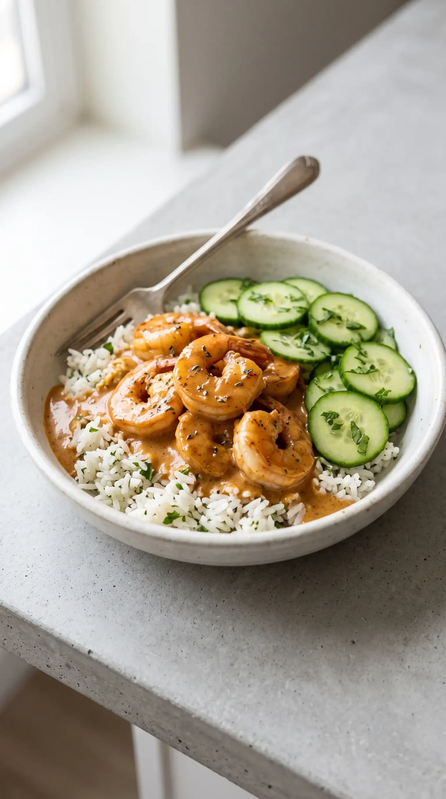 Chipotle orange shrimp bowl with cilantro rice, creamy sauce, and cucumber salad