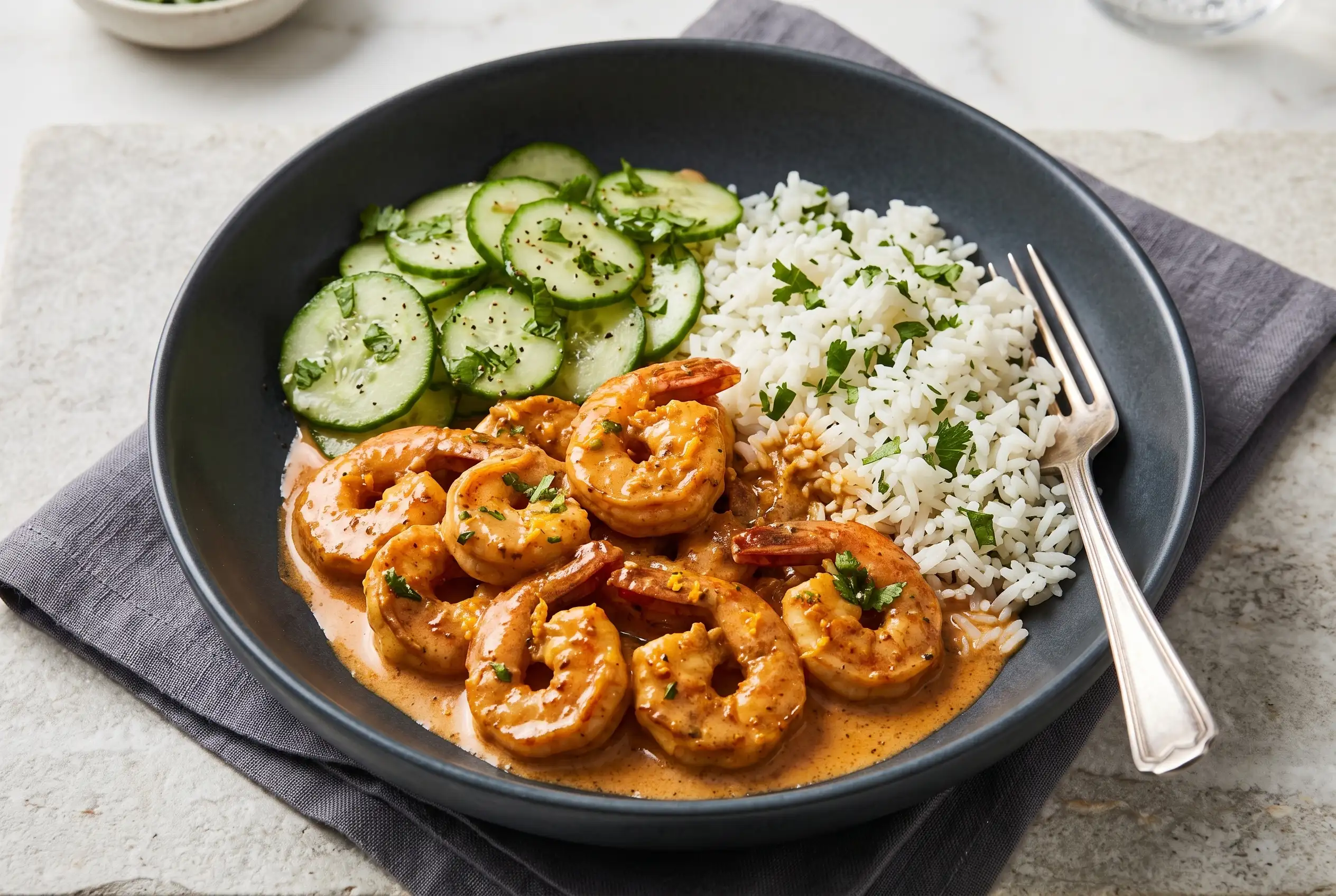 Chipotle orange shrimp with creamy sauce, cilantro rice, and cucumber salad on a plate