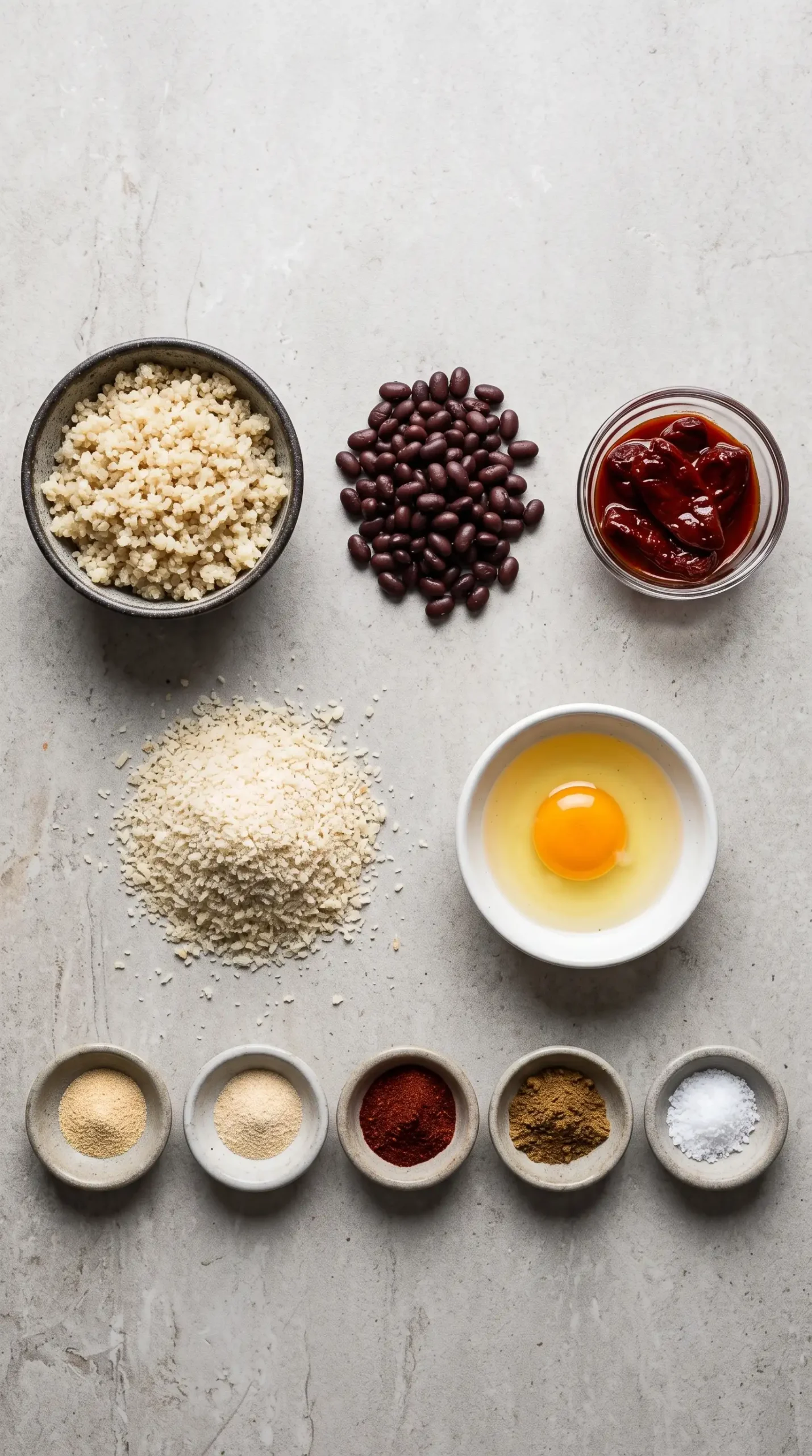 Ingredients for chipotle quinoa burgers including quinoa, black beans, chipotle peppers, and seasonings