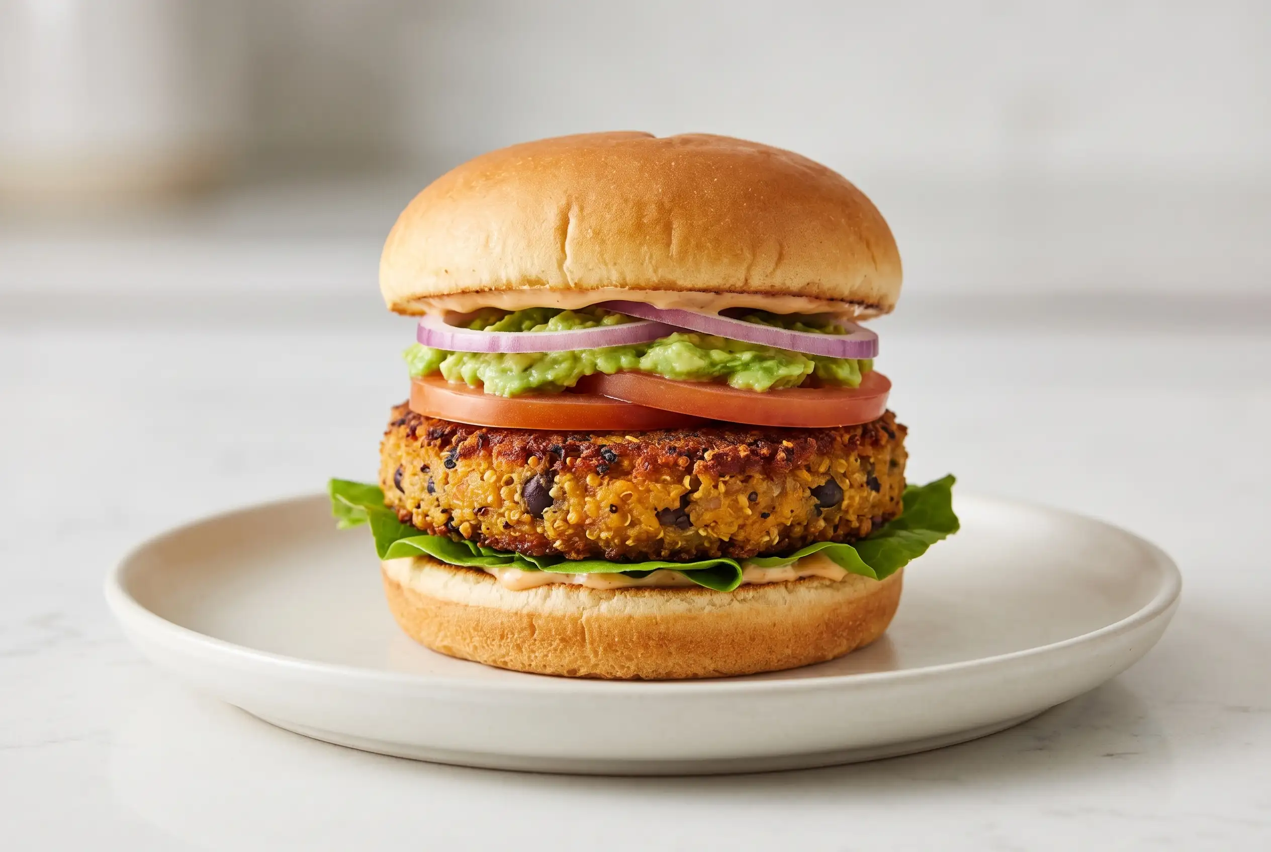 Chipotle Quinoa Burger Chipotle quinoa burger with black bean patty, avocado, lettuce, tomato, and red onion on a bun