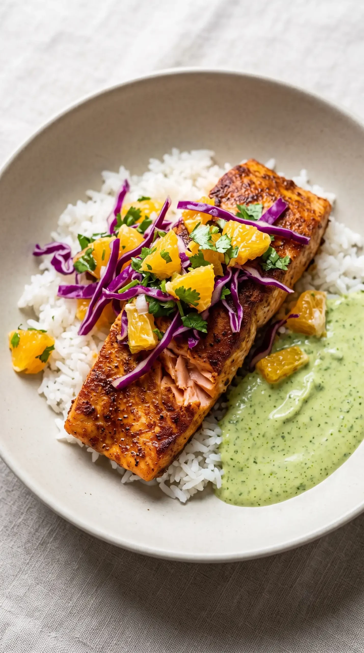 Chipotle salmon topped with orange salsa and served with aji verde sauce over rice