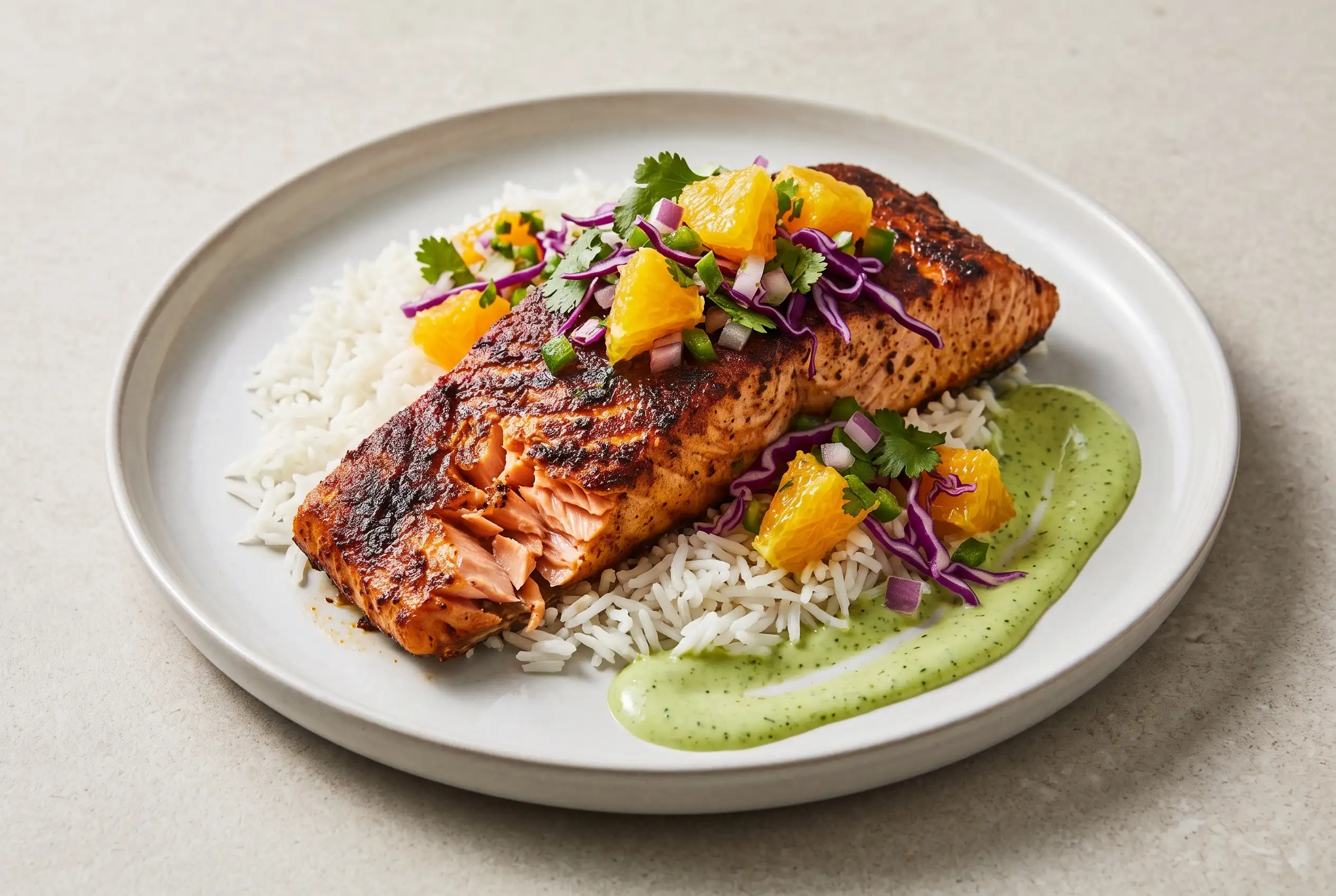 Chipotle salmon with orange salsa, rice, and creamy green aji verde sauce