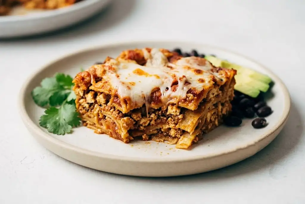 Chipotle sofritas casserole slice with corn tortillas, tofu, enchilada sauce, cheese, avocado, and cilantro
