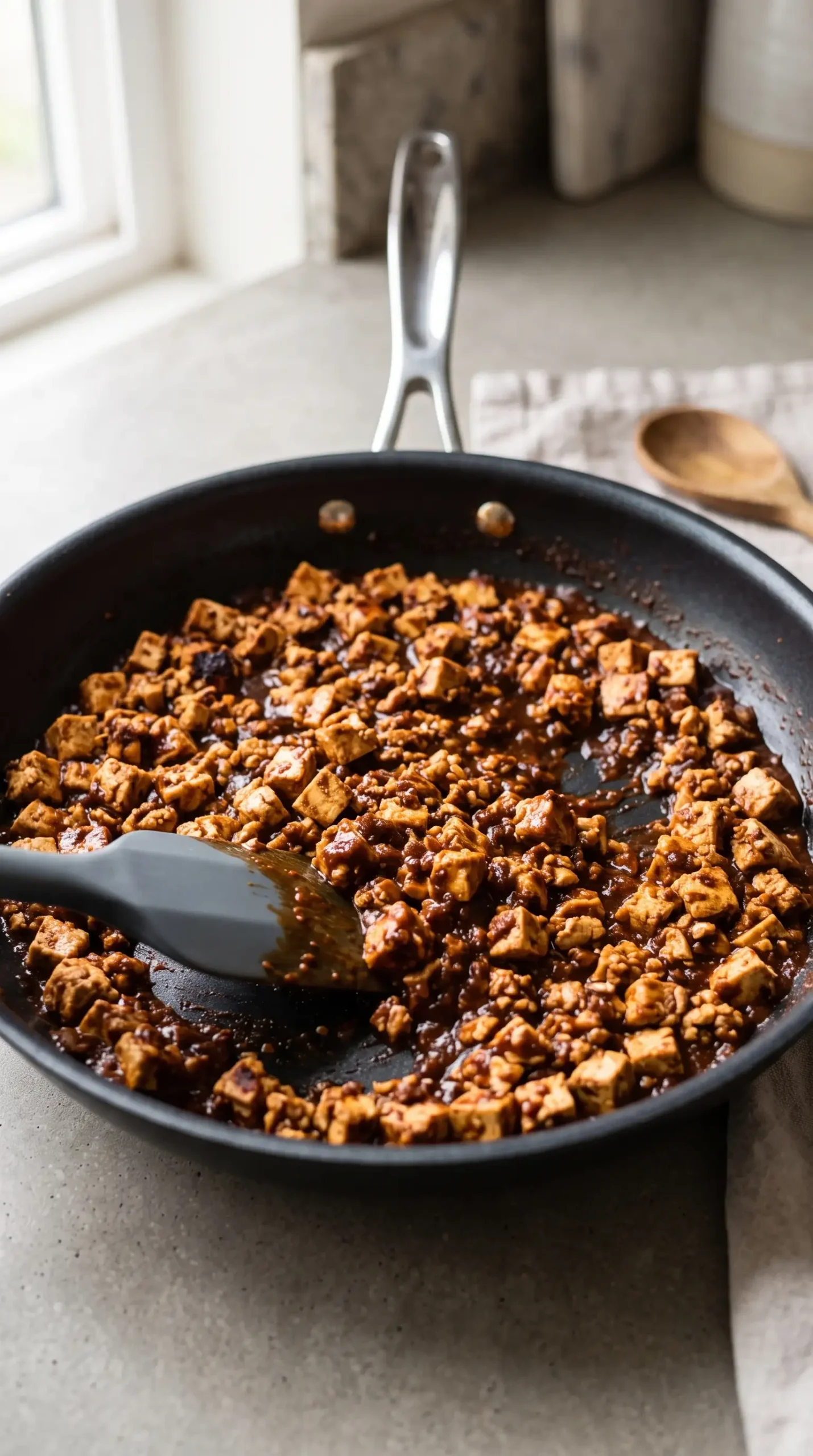 Crumbled tofu cooking in chipotle sauce to prepare sofritas filling