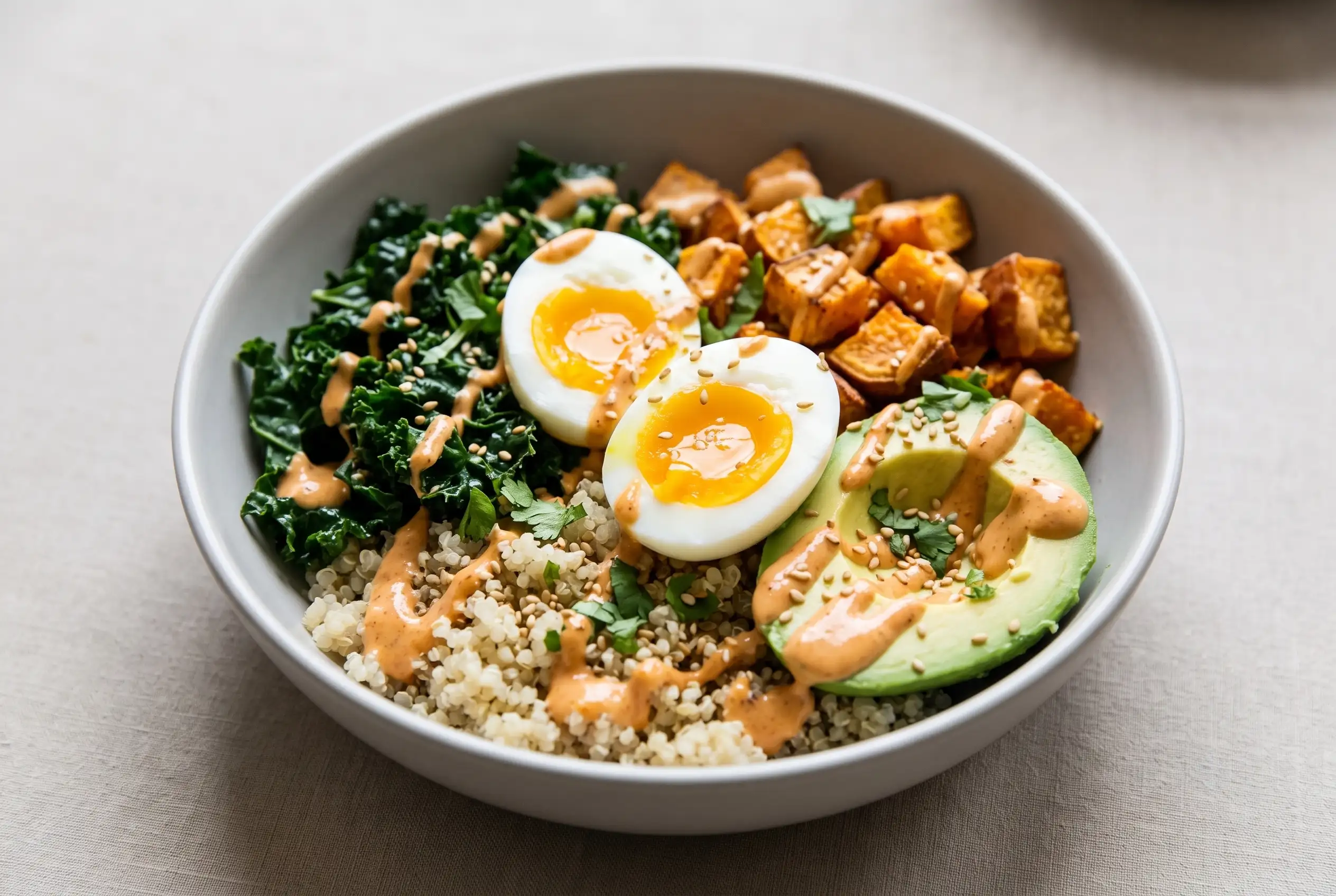 Chipotle tahini bowl with roasted sweet potatoes, kale, avocado, quinoa, and jammy eggs