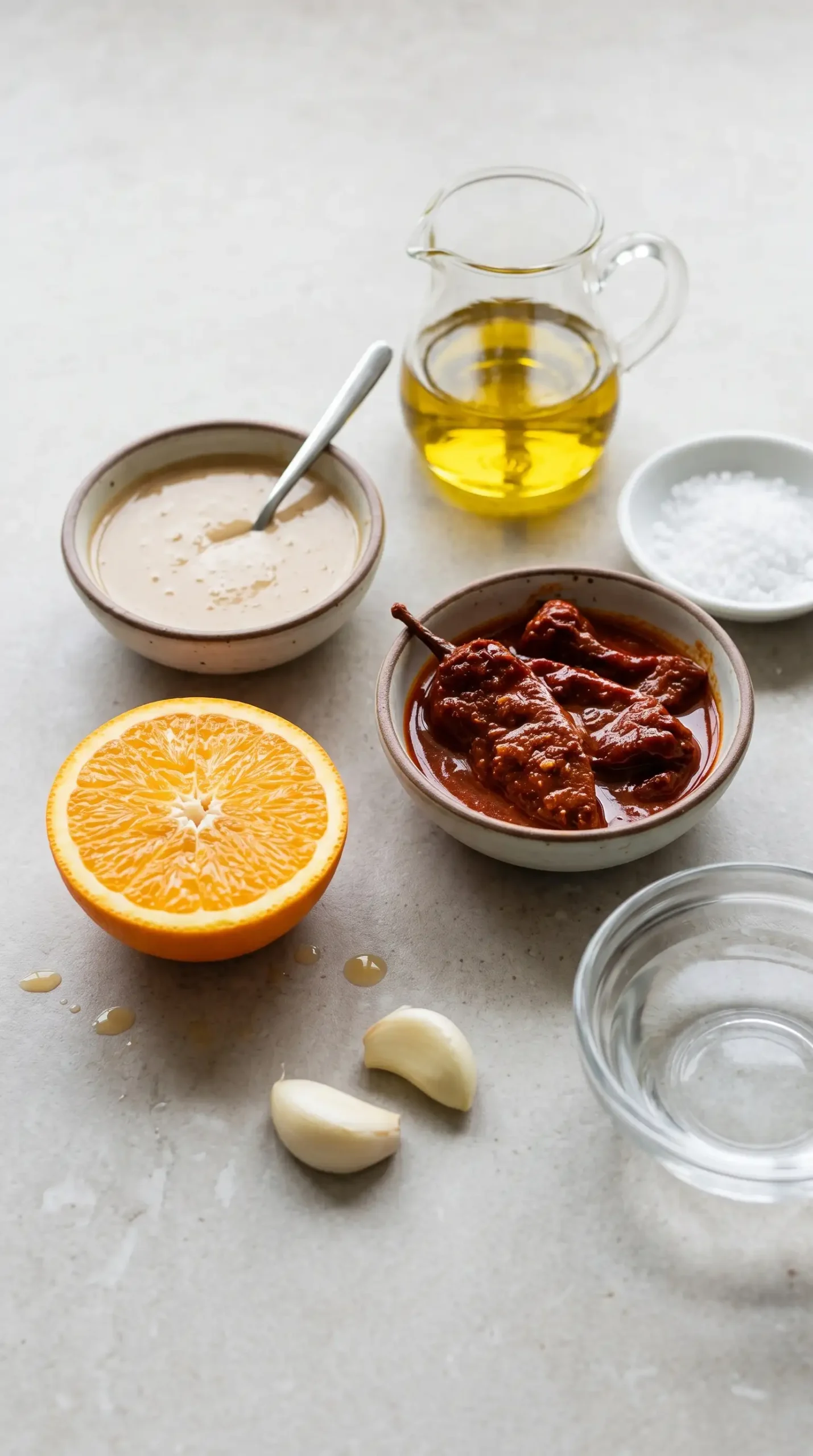 Tahini, chipotles, orange, garlic, olive oil, salt, and water for chipotle tahini sauce