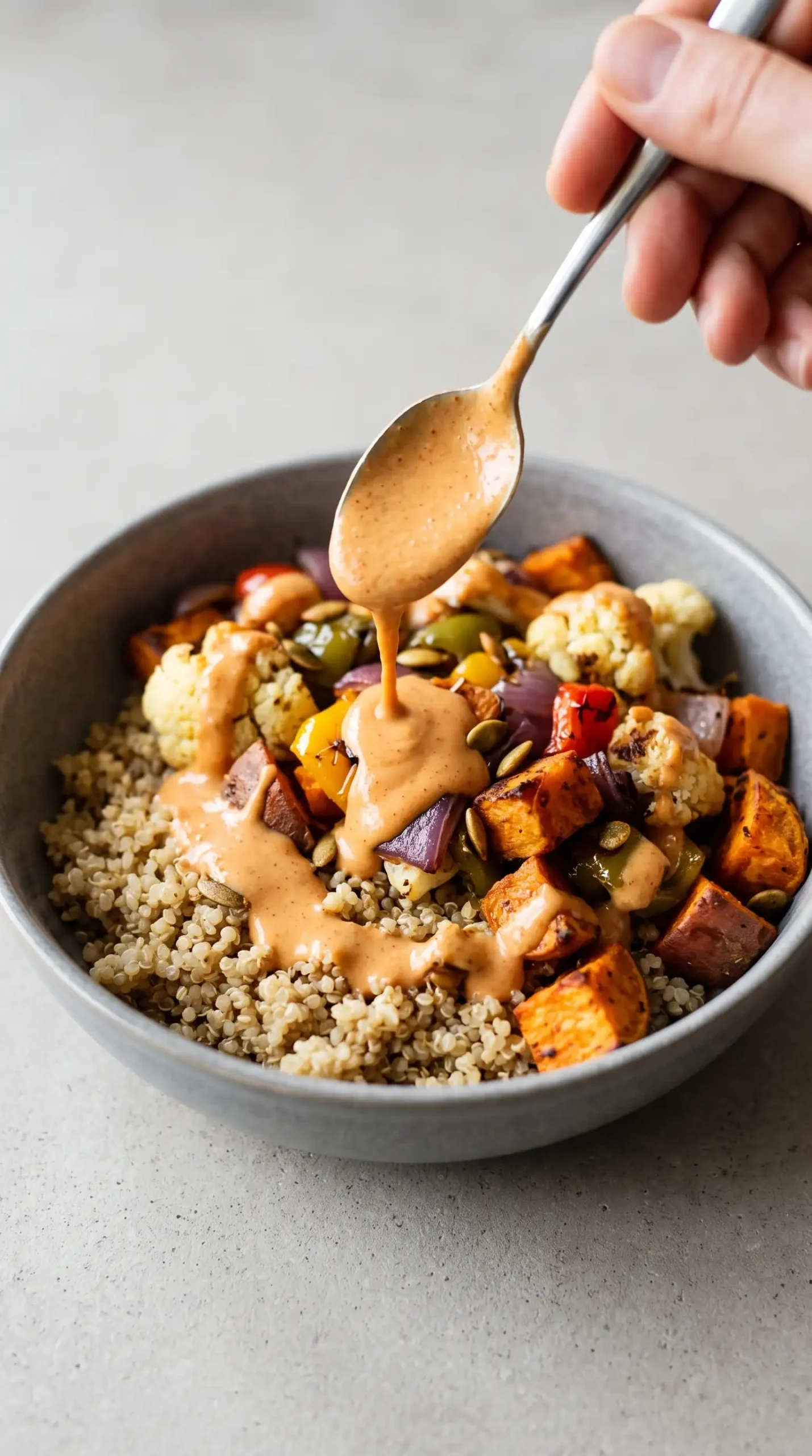 Chipotle tahini sauce drizzled over roasted vegetables and grains in a bowl