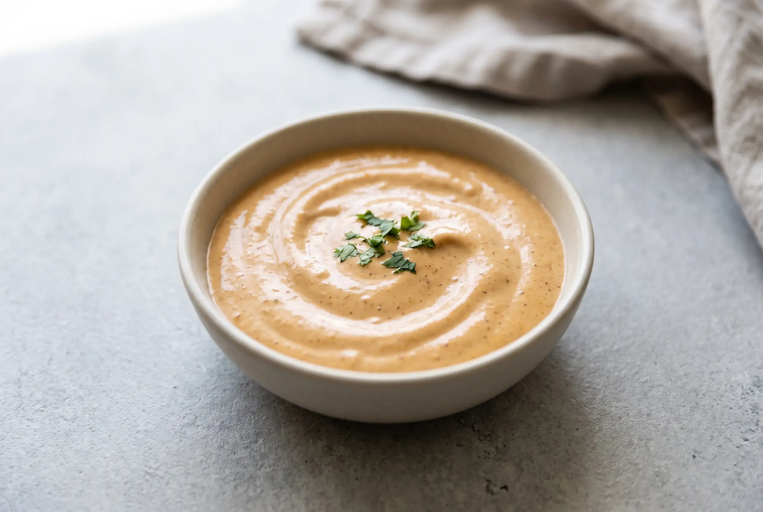 Chipotle Tahini Sauce Bowl Creamy chipotle tahini sauce in a ceramic bowl with a smooth orange-tinted texture