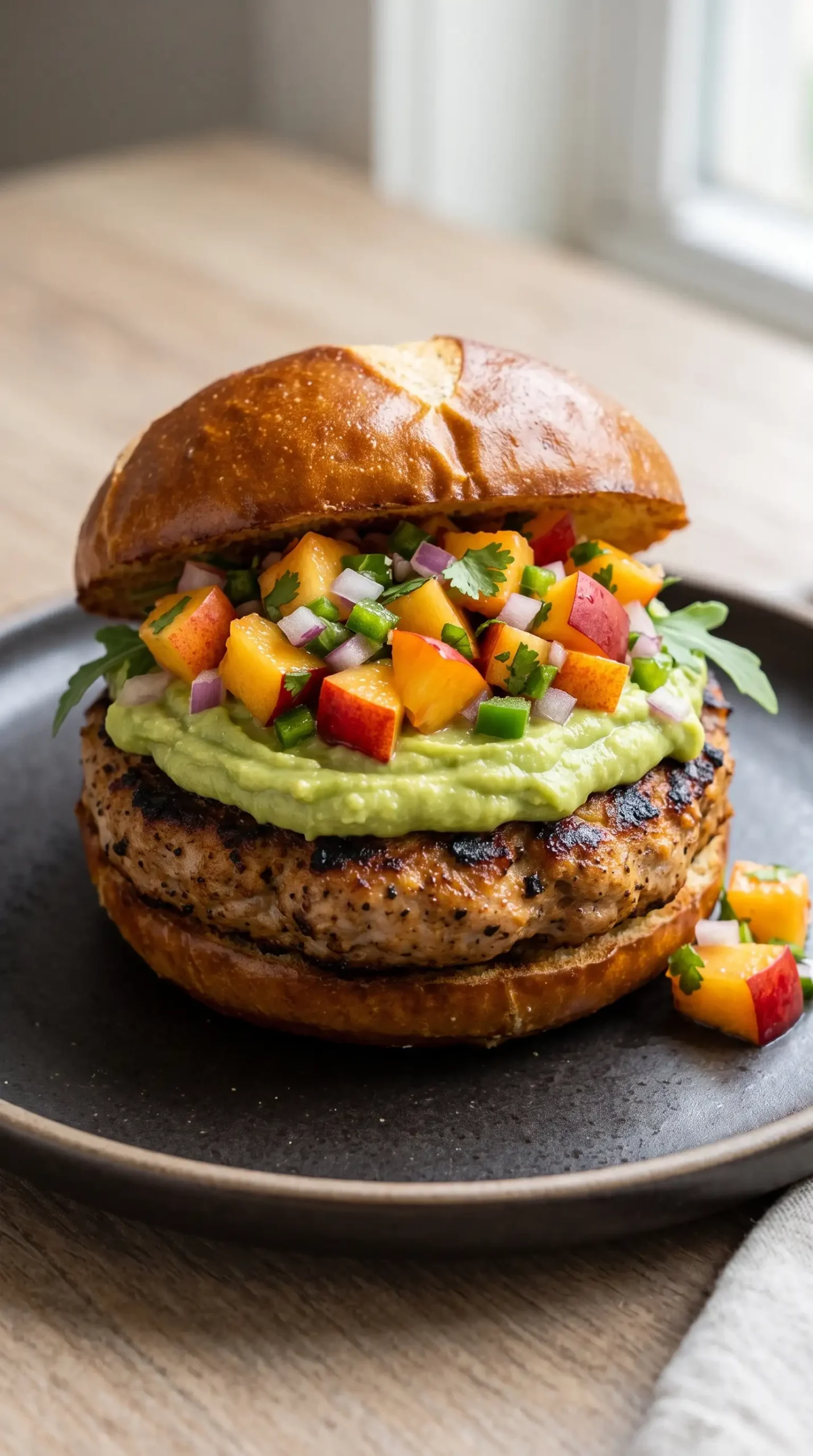Chipotle turkey burger topped with avocado spread and fresh nectarine salsa