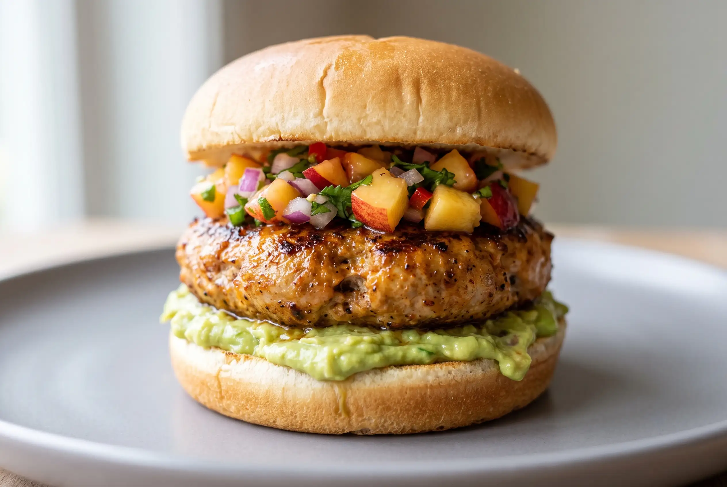 Chipotle turkey burger with avocado spread and nectarine salsa on a bun