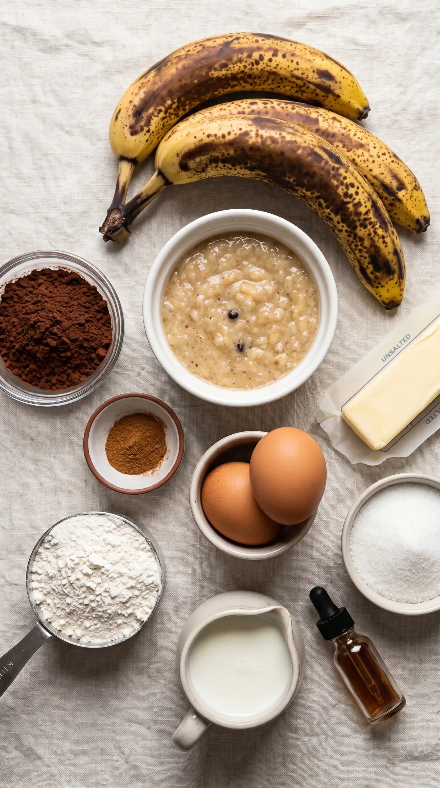 Ingredients for chocolate banana bread with bananas, cocoa, flour, eggs, and baking staples