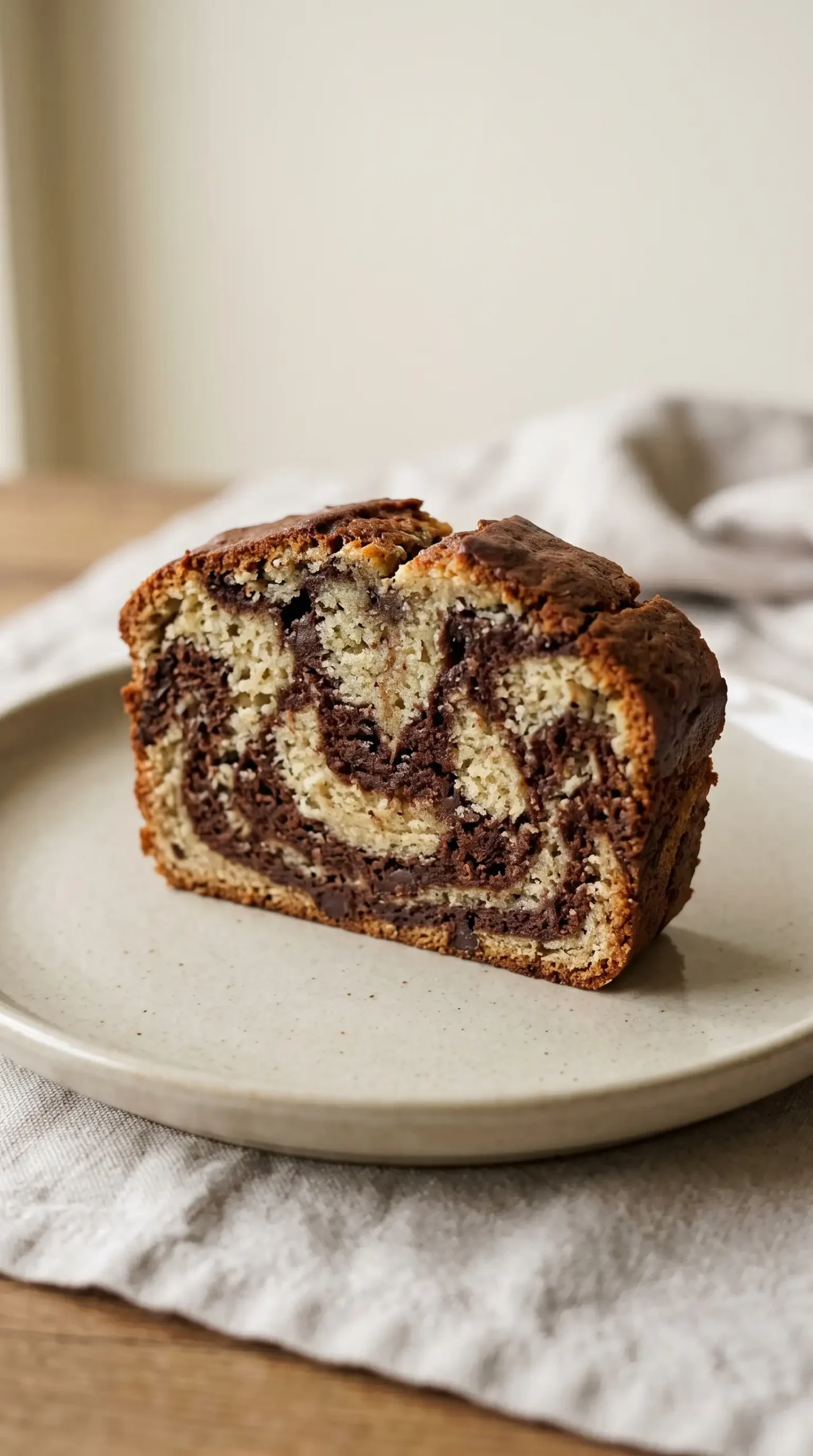 Slice of chocolate banana bread on a plate showing cocoa and banana marble pattern