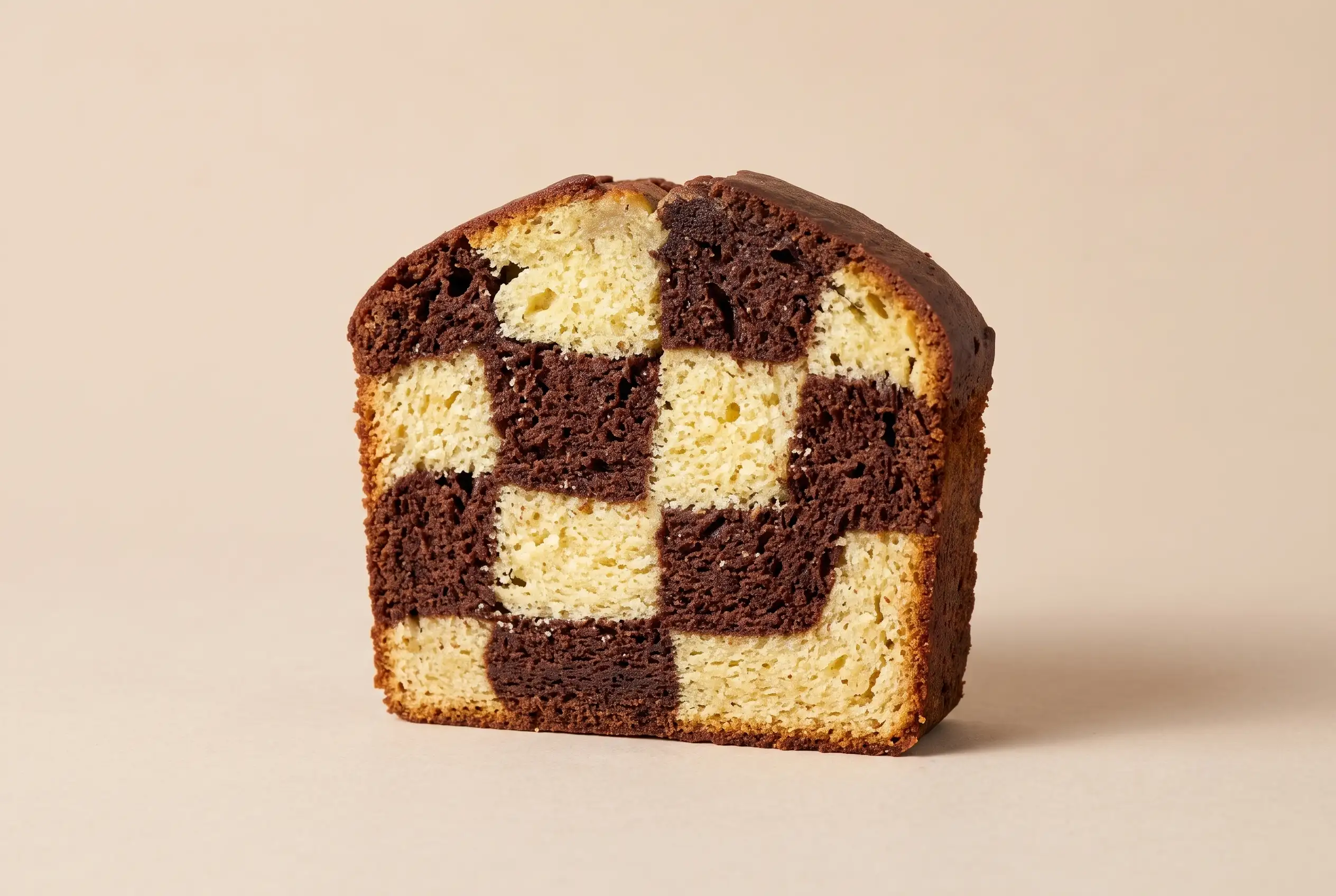 Chocolate Banana Bread Slice Slice of chocolate banana bread with a checkered cocoa and banana batter pattern
