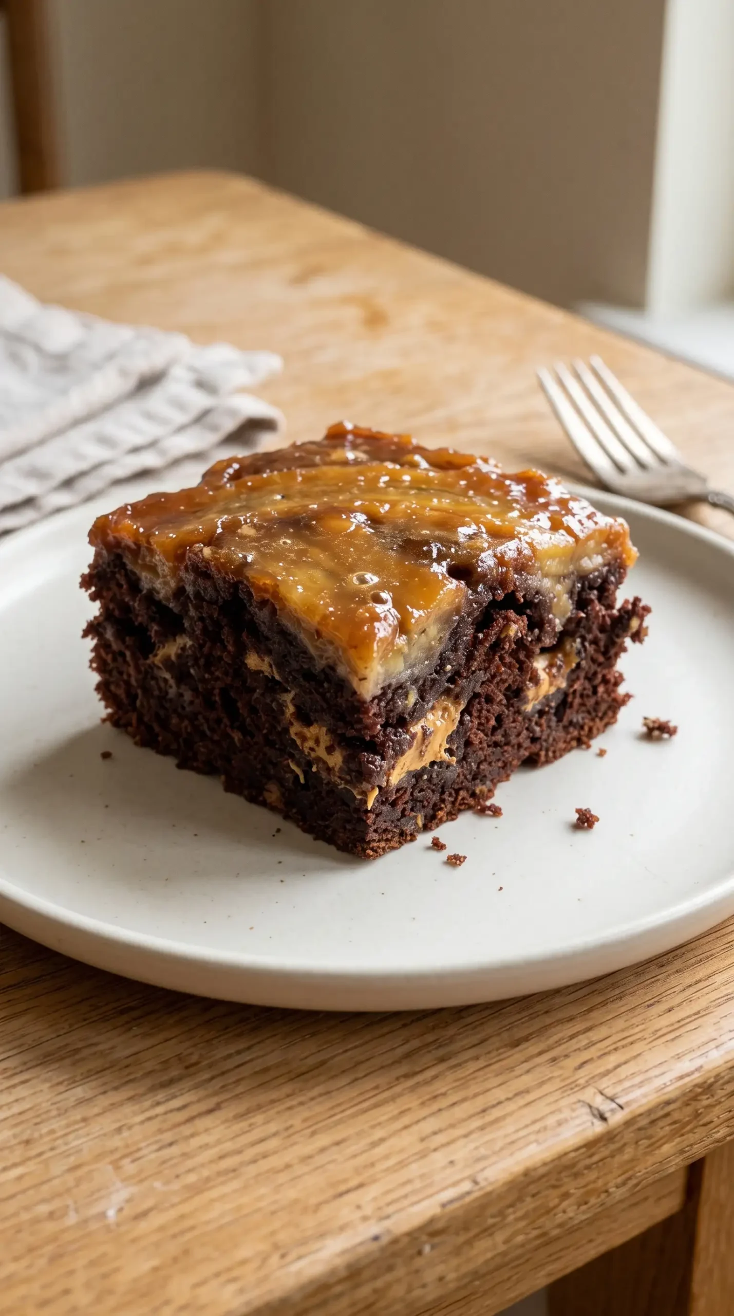 Square serving of upside down chocolate banana cake with peanut butter pockets