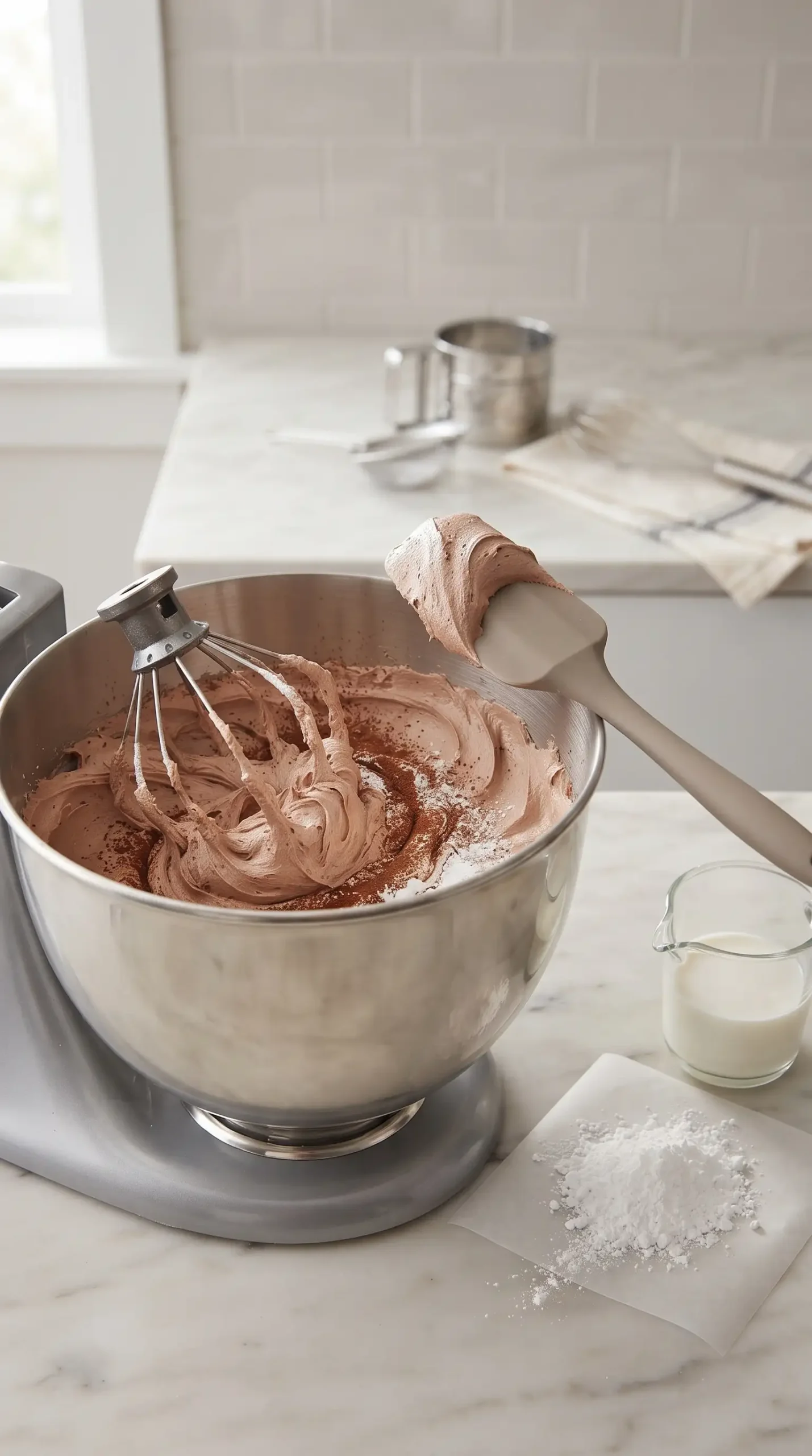 Chocolate buttercream mixing with cocoa and powdered sugar beside milk for adjusting consistency