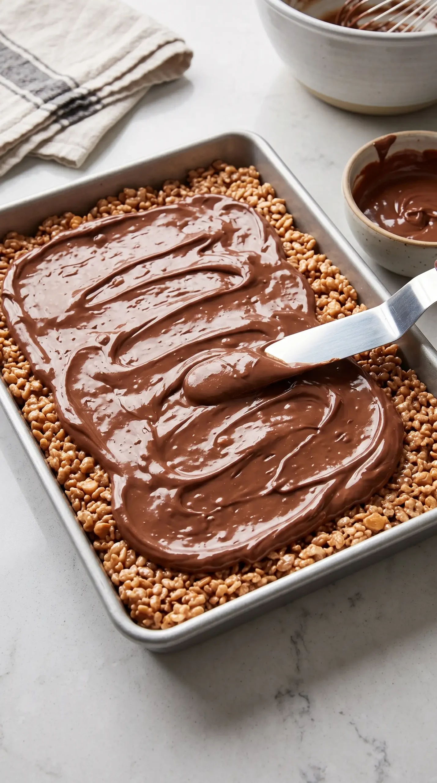 Chocolate butterscotch topping being spread over cereal bars in a baking pan