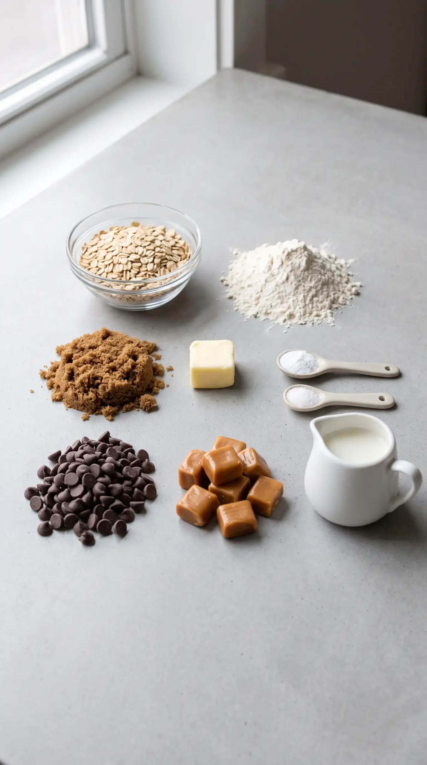 Ingredients for chocolate caramel oatmeal bars including oats, flour, butter, chocolate, and caramel