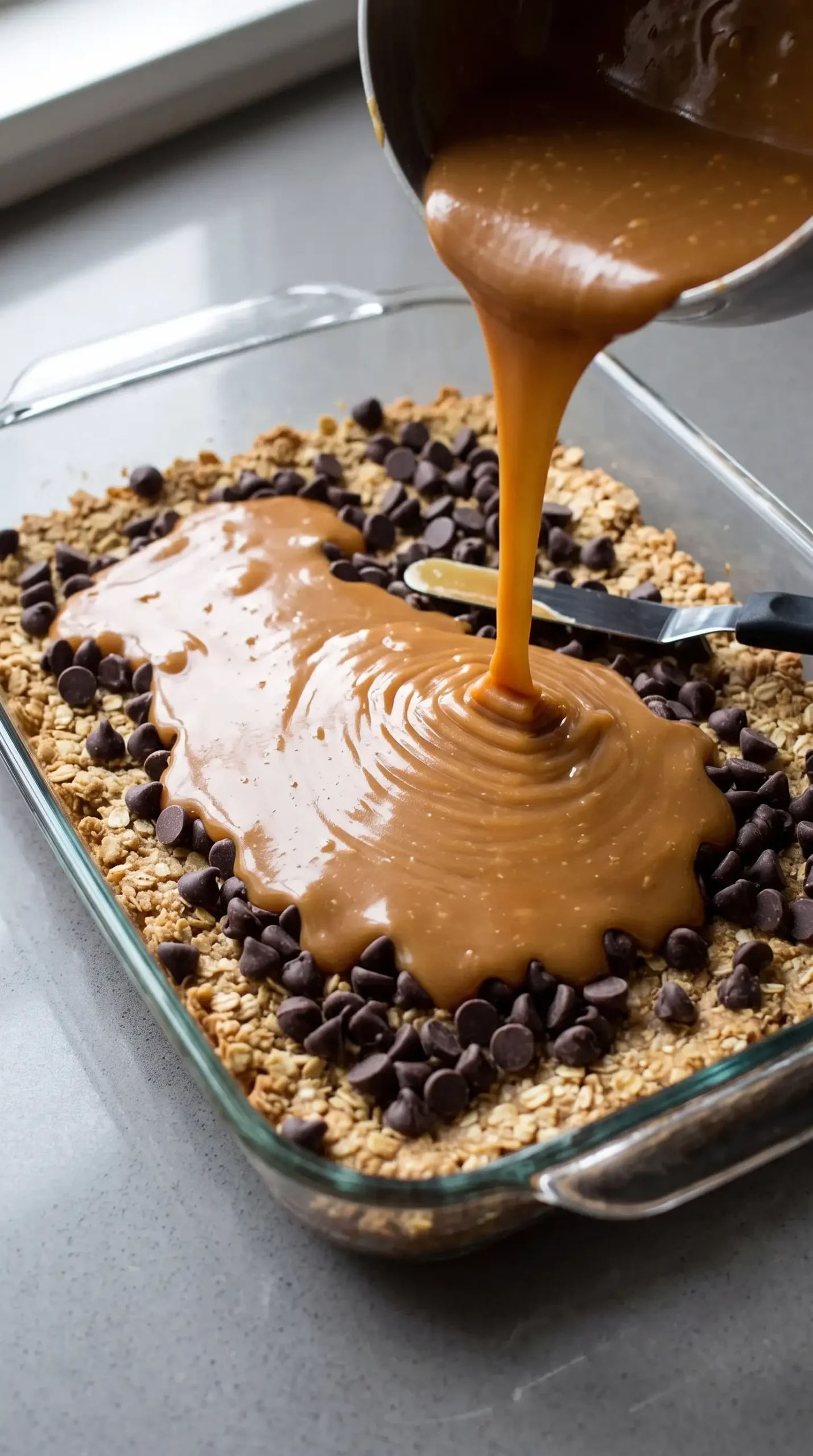 Layering chocolate chips and caramel over an oat crust in a baking dish