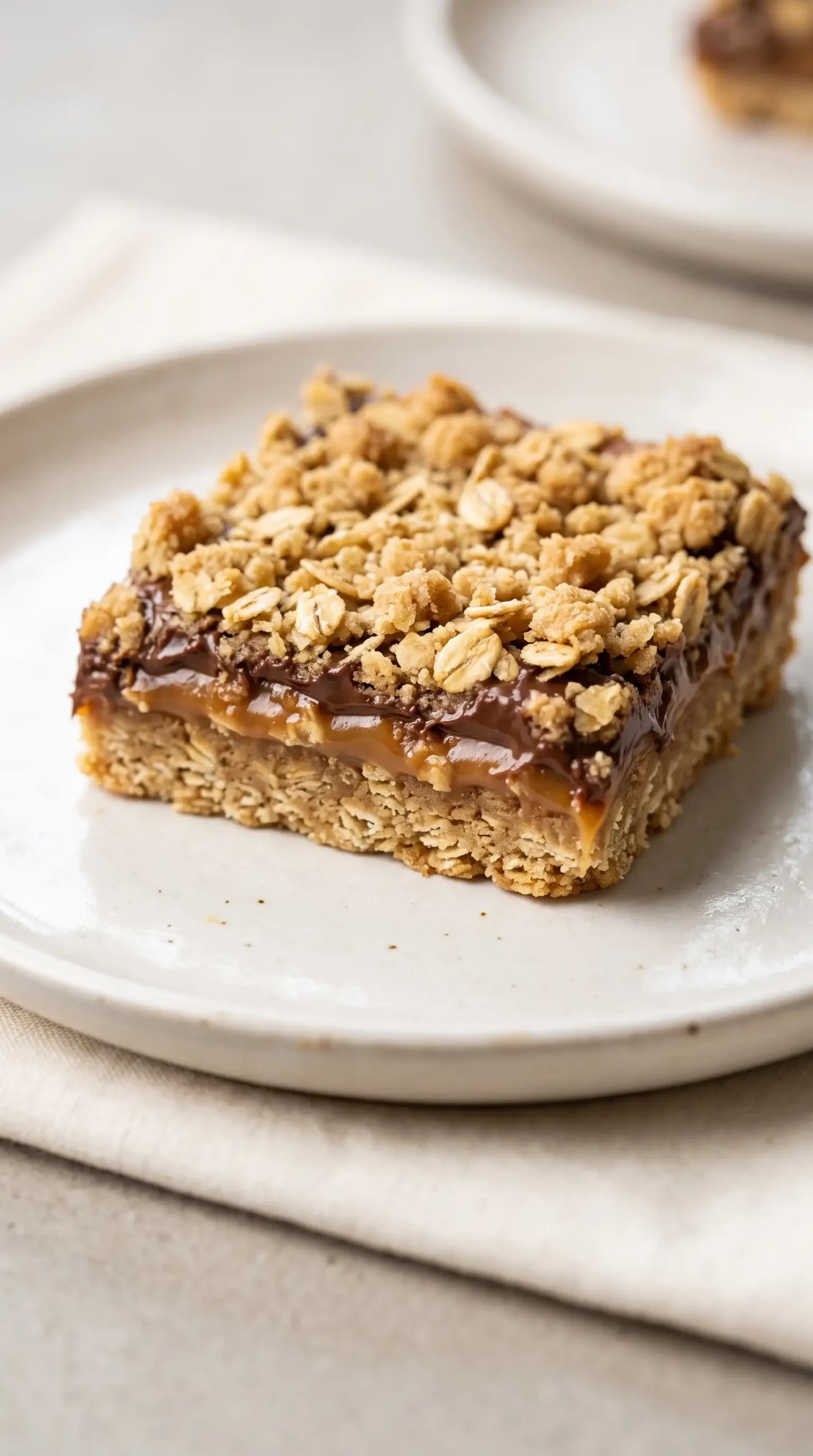 Chocolate caramel oatmeal bar showing chewy oat layers, caramel filling, and chocolate chips