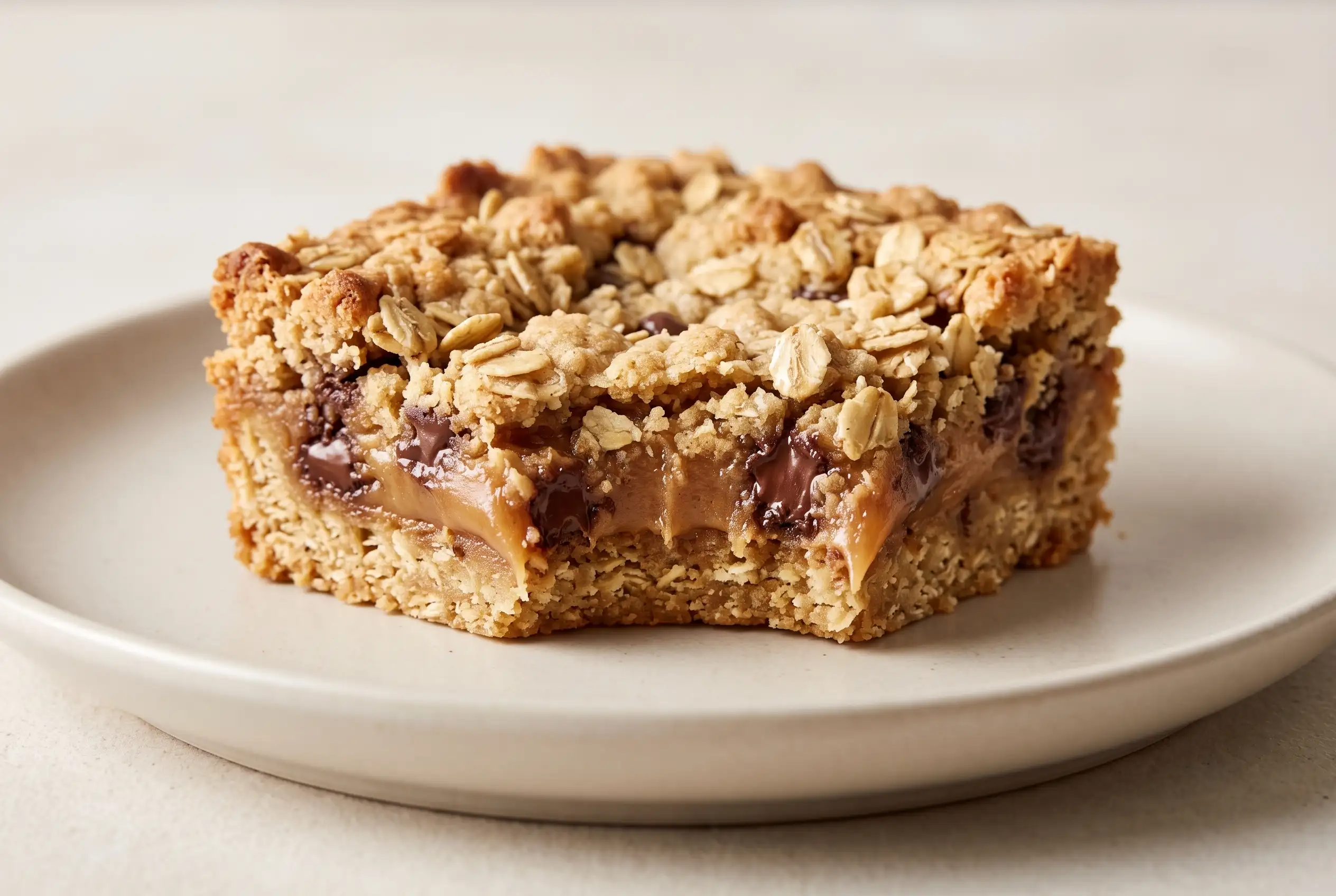 Chocolate caramel oatmeal bar with layered oat crumble, caramel center, and chocolate chips on a plate