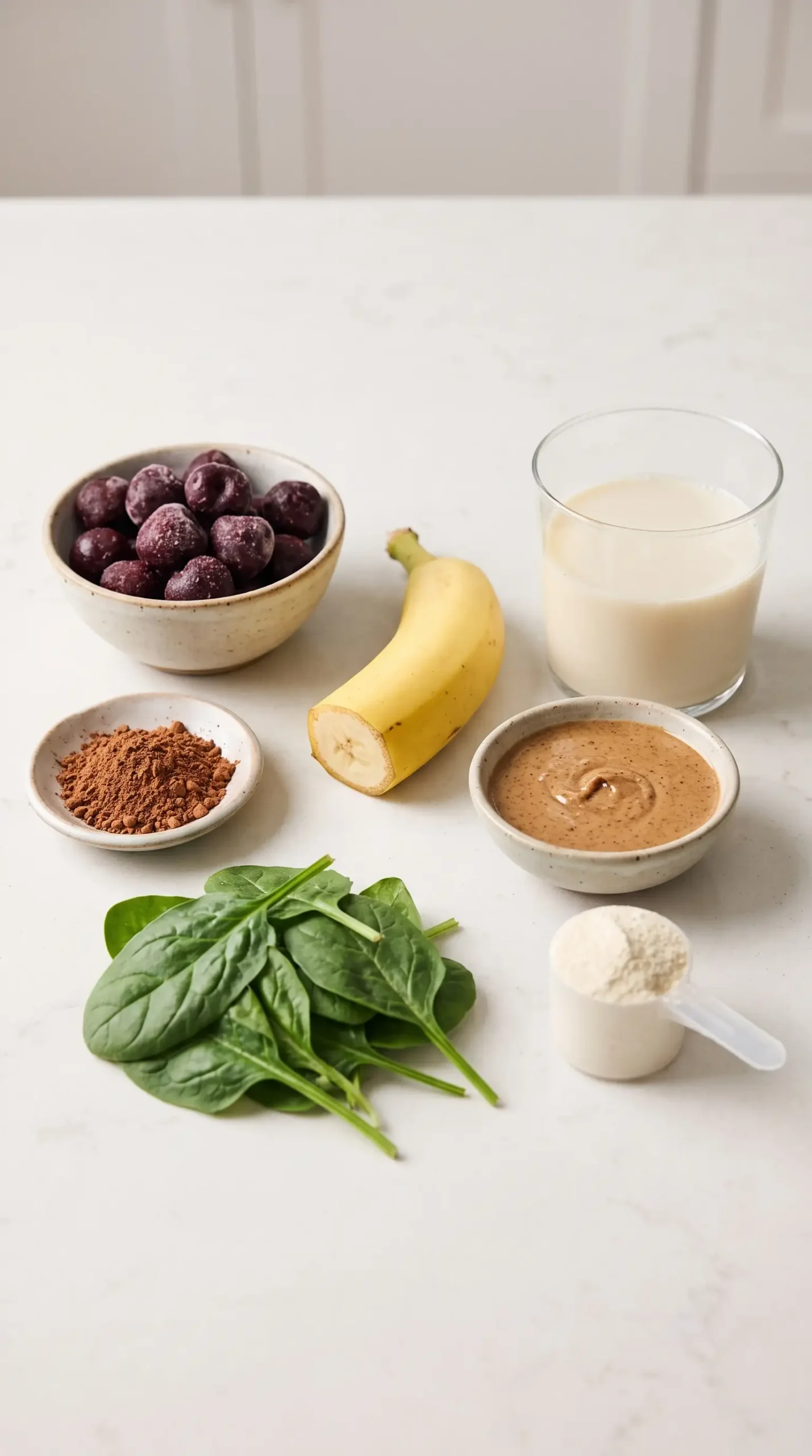 Ingredients for a chocolate cherry smoothie with frozen cherries, cacao, banana, soy milk, and spinach