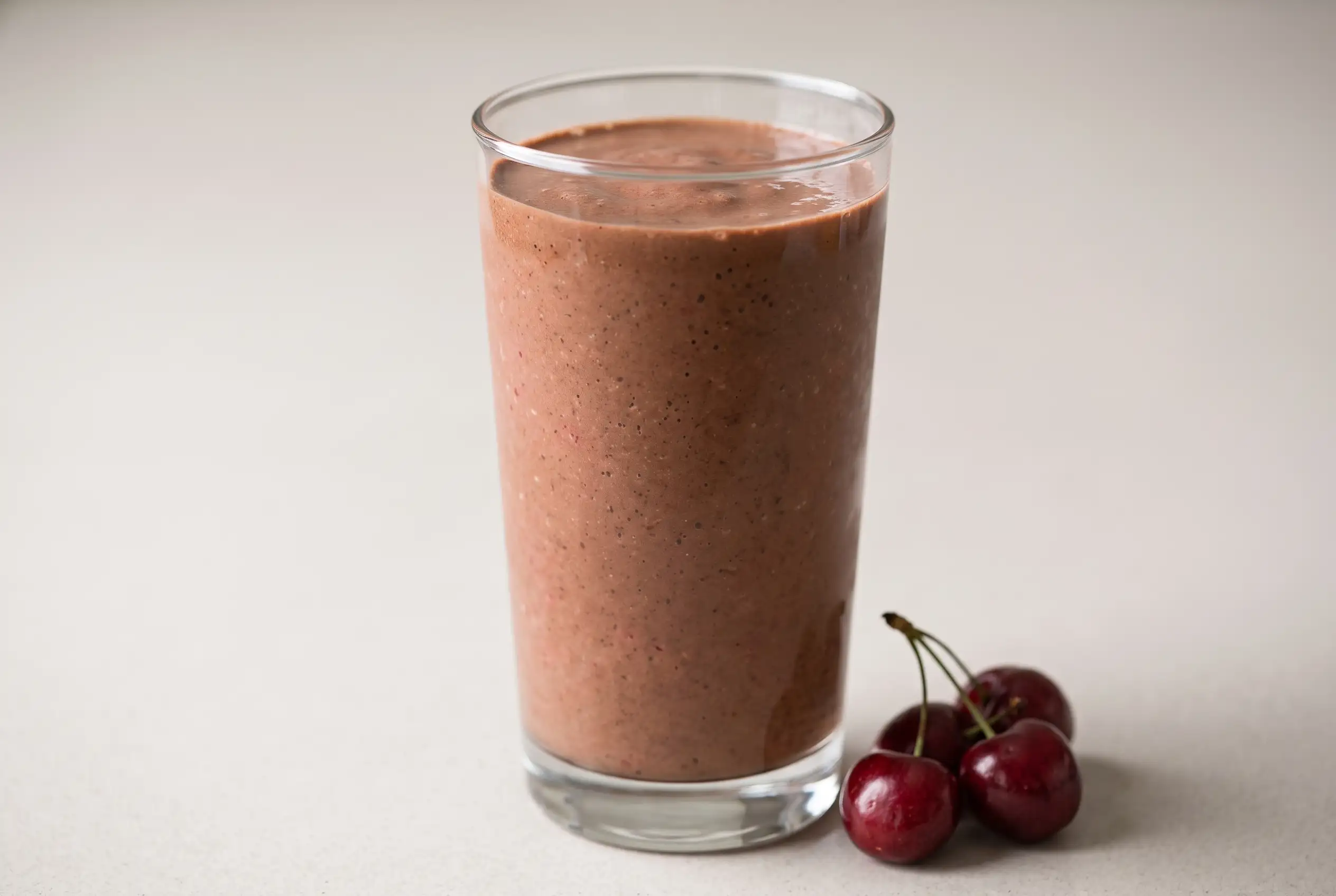 Chocolate cherry smoothie in a clear glass with a thick chocolate-brown blended texture