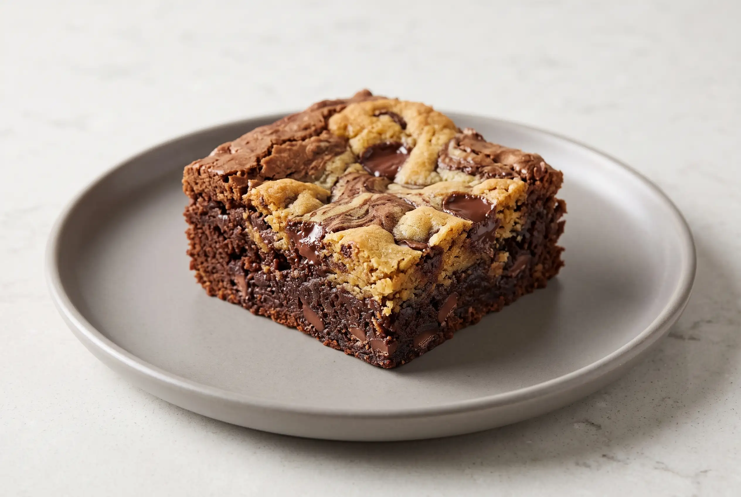 Chocolate chip cookie brownies square with fudgy brownie base and baked cookie dough topping