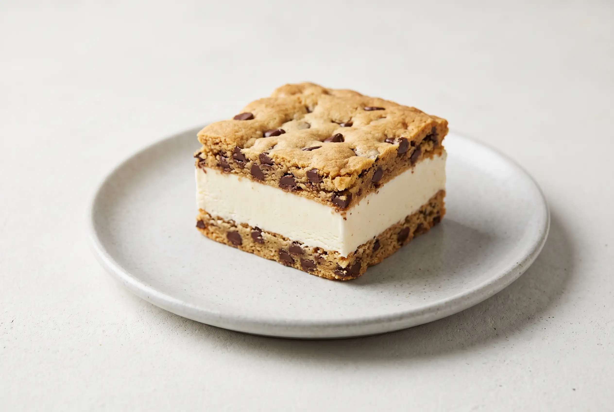 Chocolate chip cookie ice cream bar with golden cookie layers and vanilla ice cream center