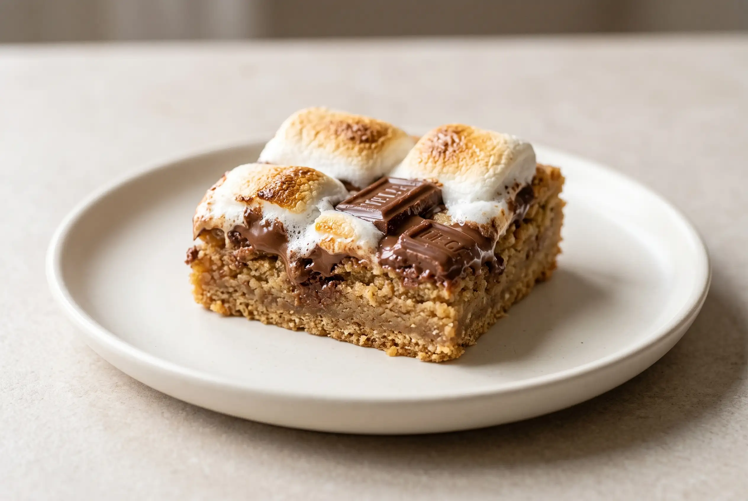 Chocolate graham bar square with toasted marshmallow topping and melted chocolate pieces
