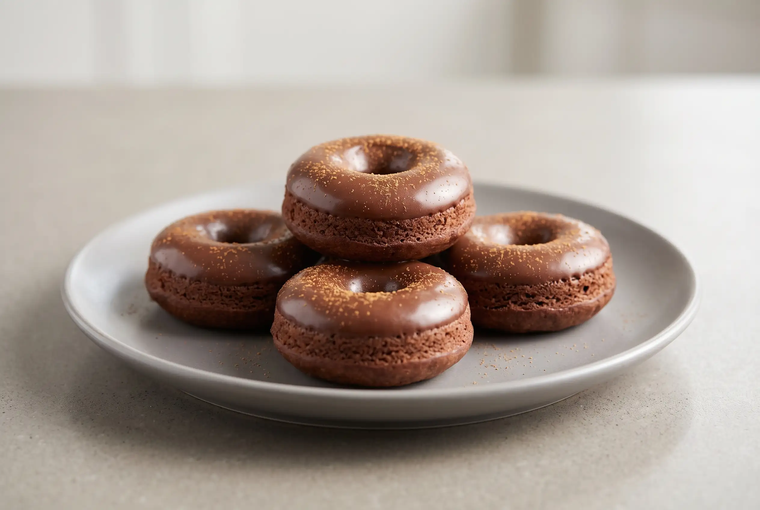 Chocolate mini donuts with chocolate glaze and cinnamon on a ceramic plate