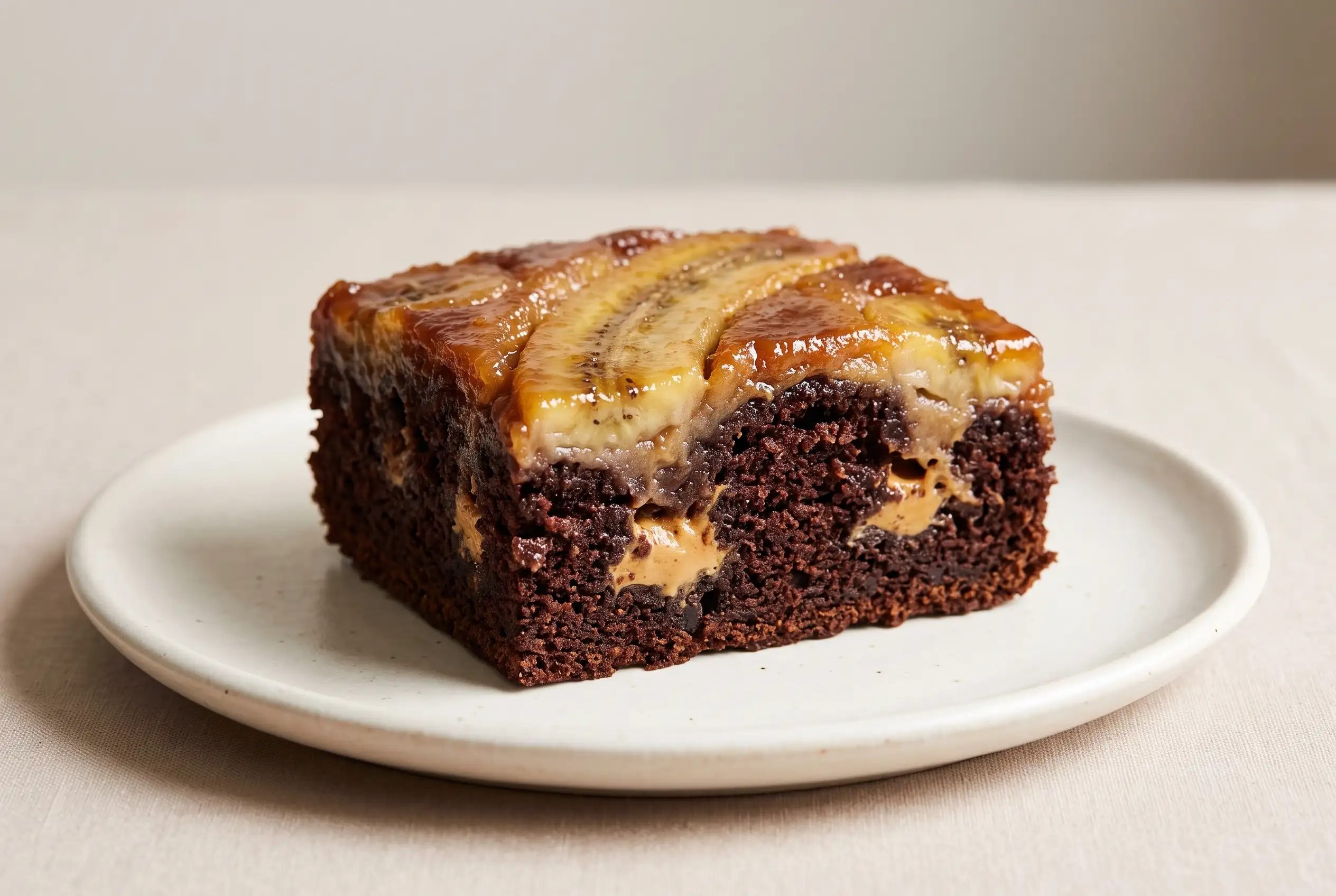 Chocolate pb banana cake square slice with caramelized banana topping and peanut butter pockets