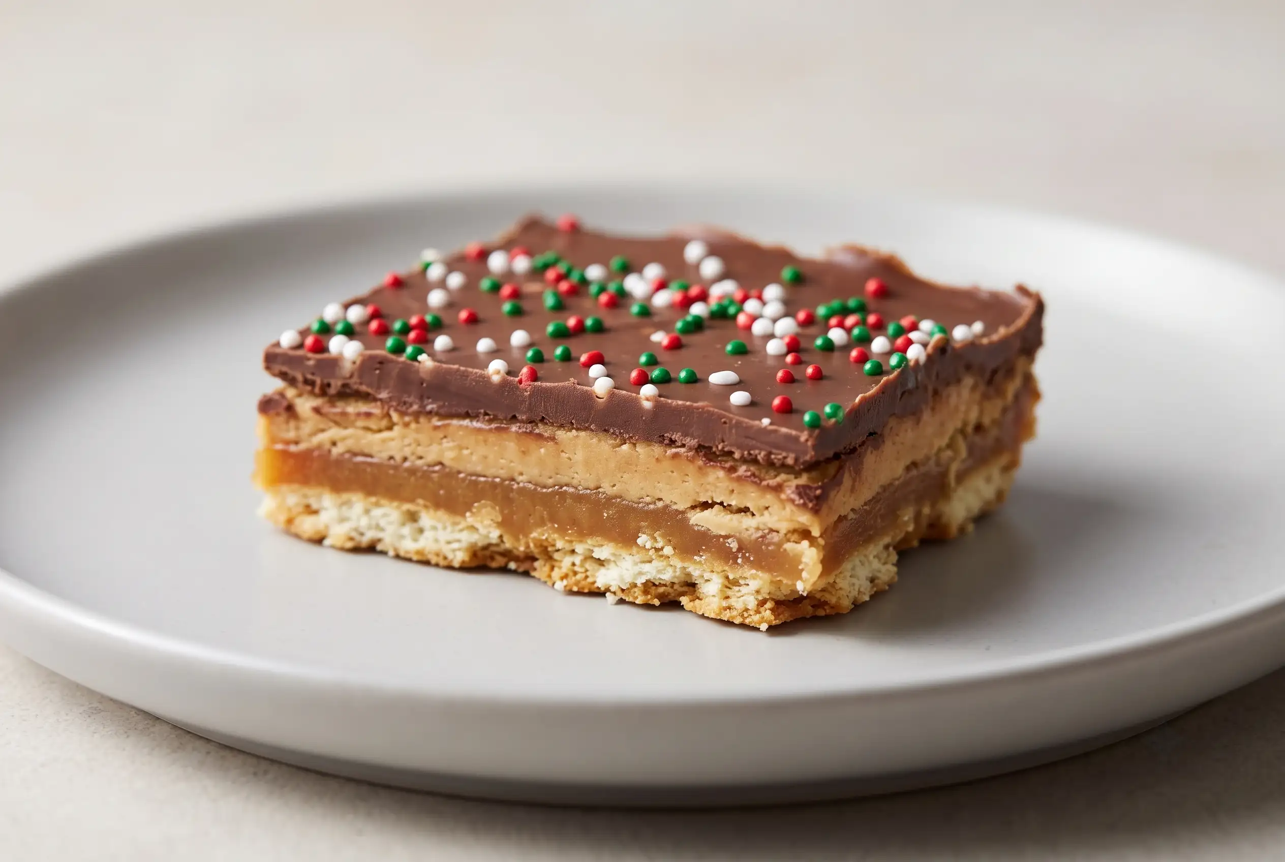Chocolate peanut butter saltine toffee bar with layered cracker base, caramel toffee, peanut butter, and chocolate topping