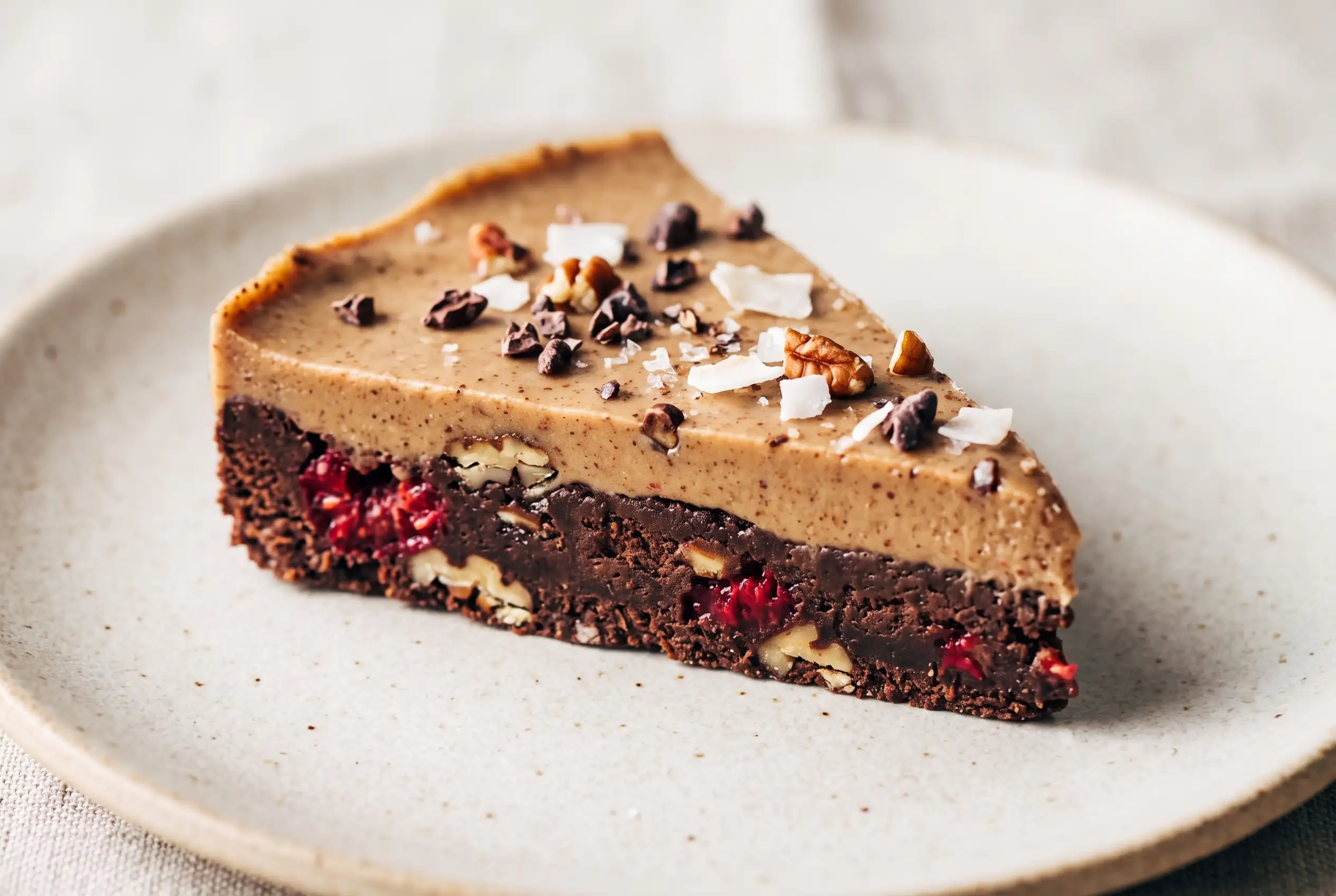 Chocolate raspberry bars wedge with chocolate, almond butter, raspberries, and pecans layers