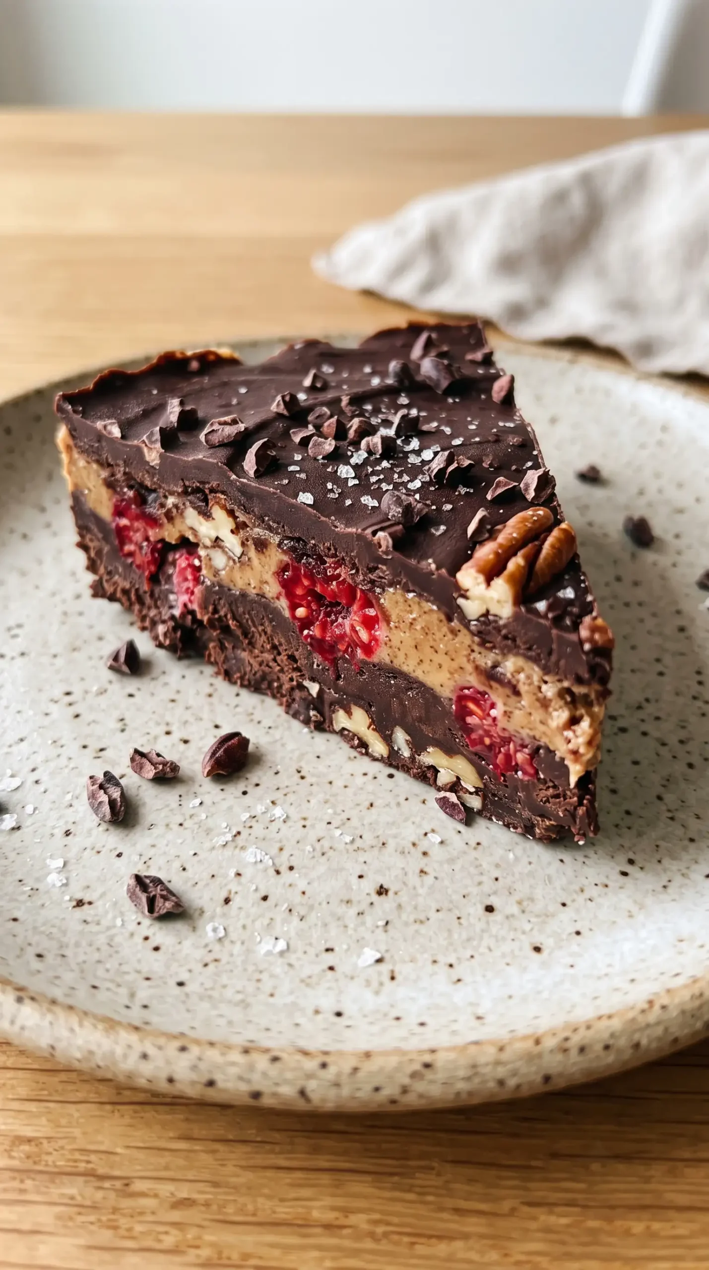 Chocolate raspberry almond butter bar wedge showing fudgy layers and pecan pieces